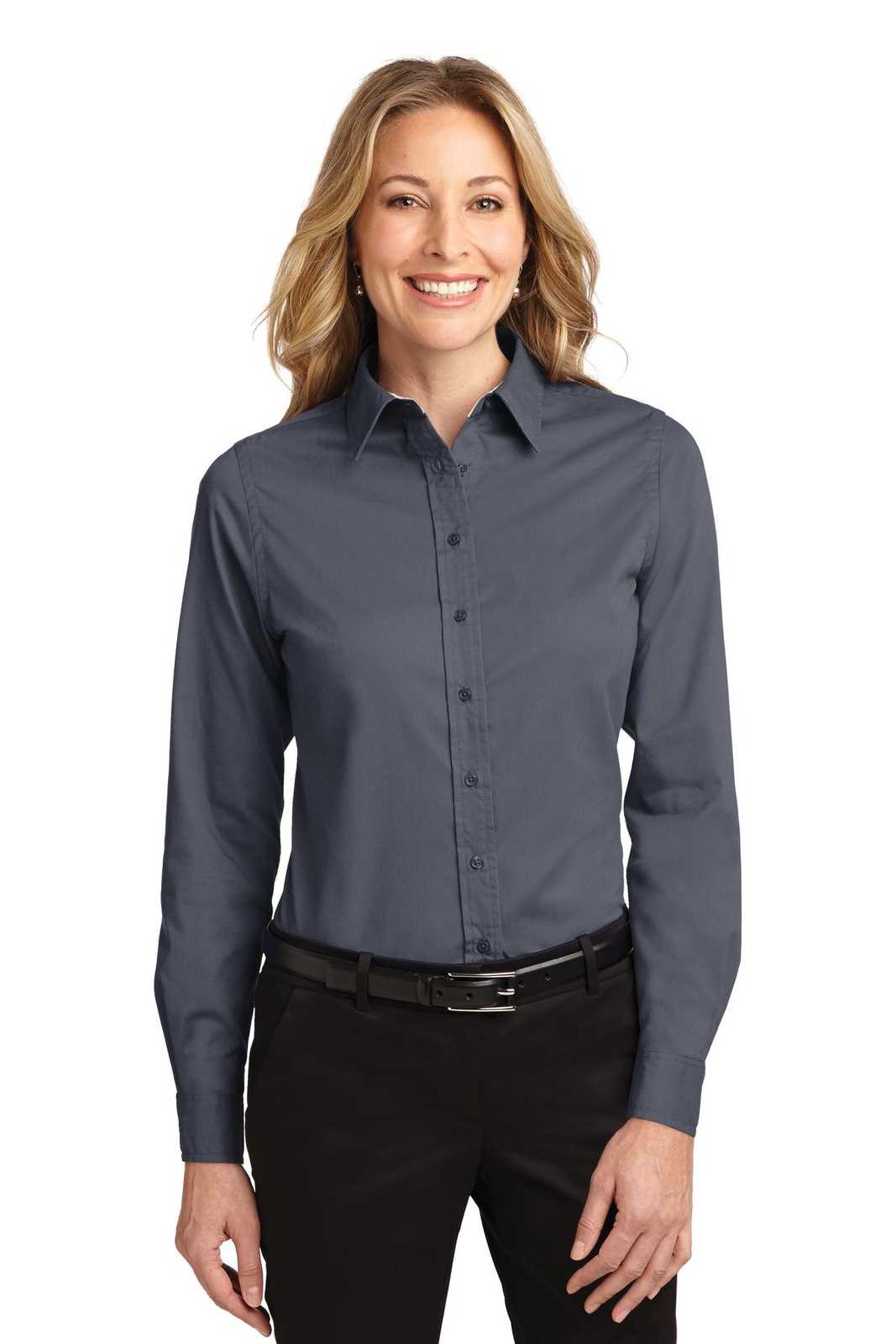 Port Authority L608 Ladies Long Sleeve Easy Care Shirt - Steel Gray Light Stone - HIT a Double - 1