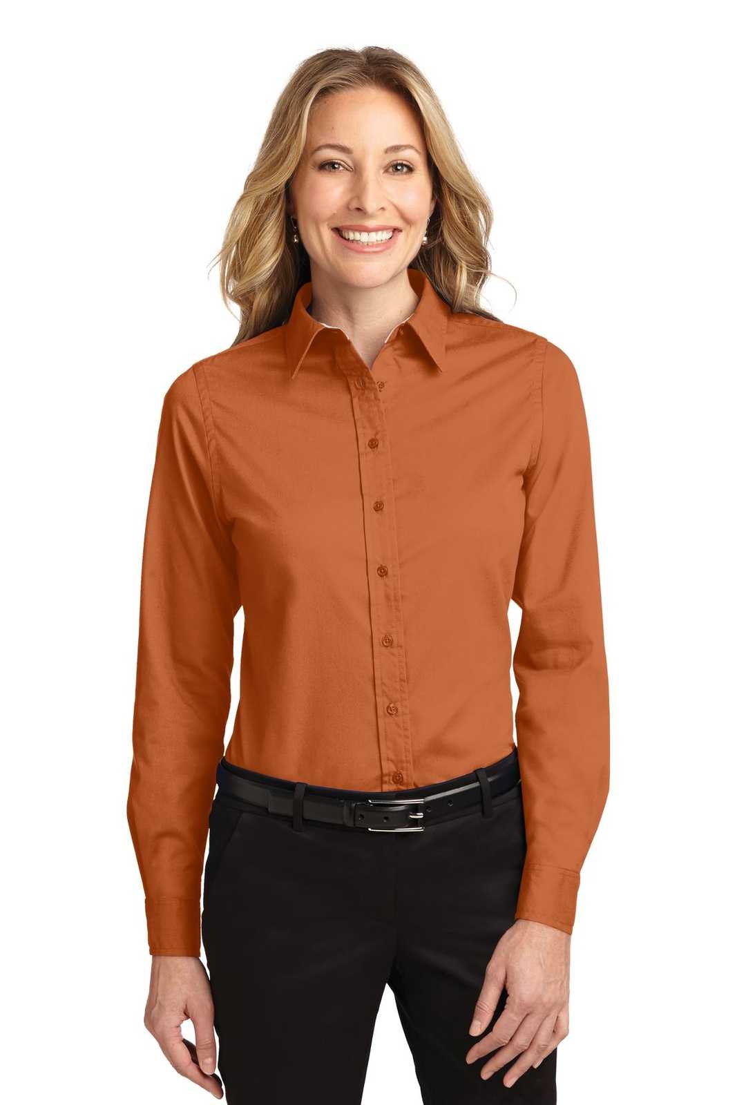 Port Authority L608 Ladies Long Sleeve Easy Care Shirt - Texas Orange Light Stone - HIT a Double - 1