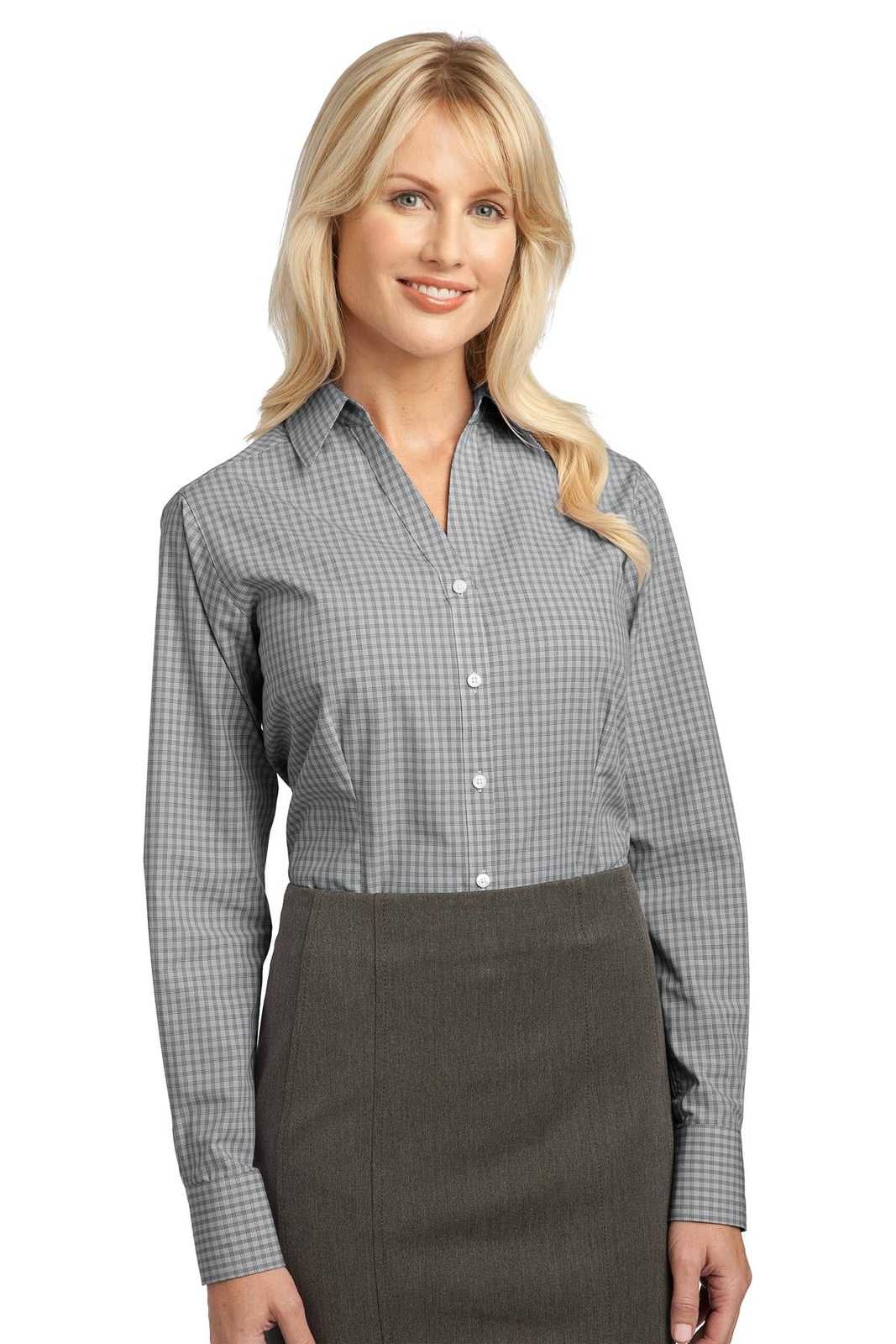 Port Authority L639 Ladies Plaid Pattern Easy Care Shirt - Charcoal - HIT a Double - 1