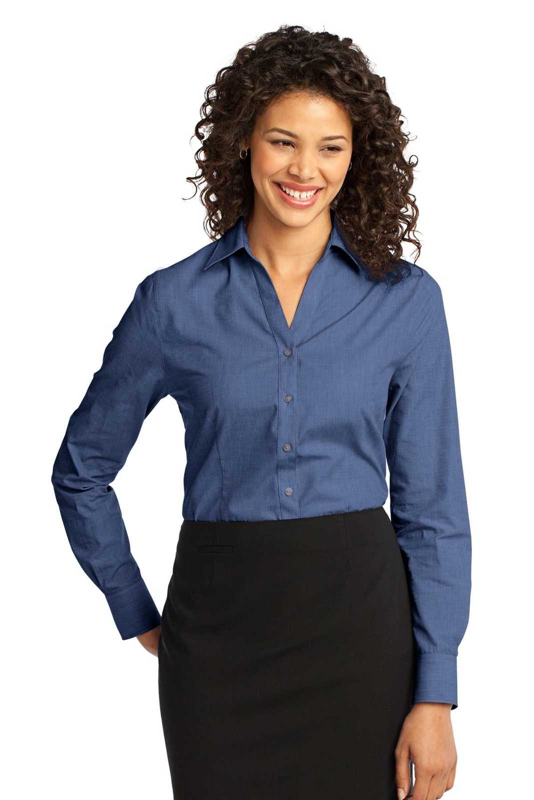 Port Authority L640 Ladies Crosshatch Easy Care Shirt - Deep Blue - HIT a Double - 1