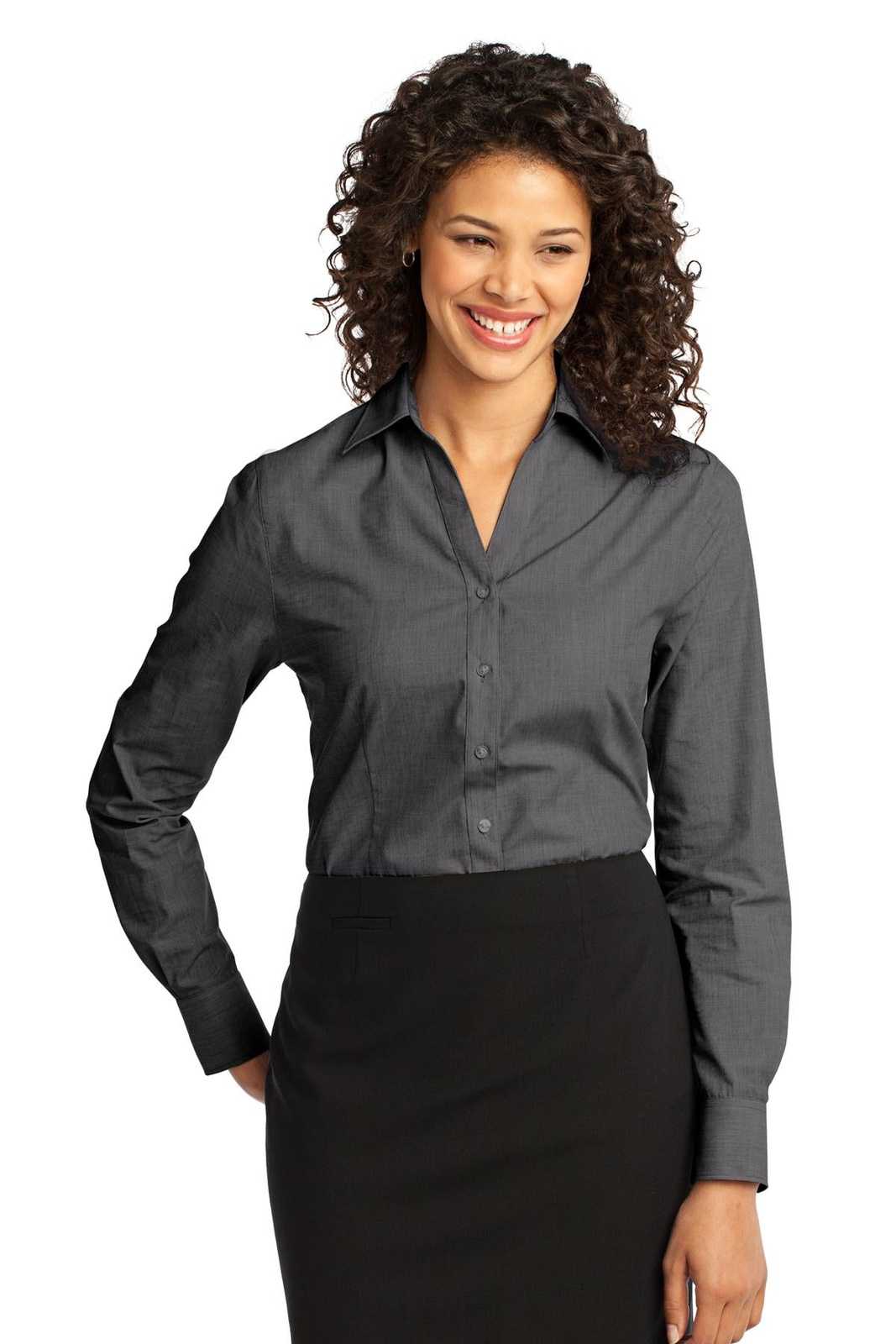 Port Authority L640 Ladies Crosshatch Easy Care Shirt - Soft Black - HIT a Double - 1