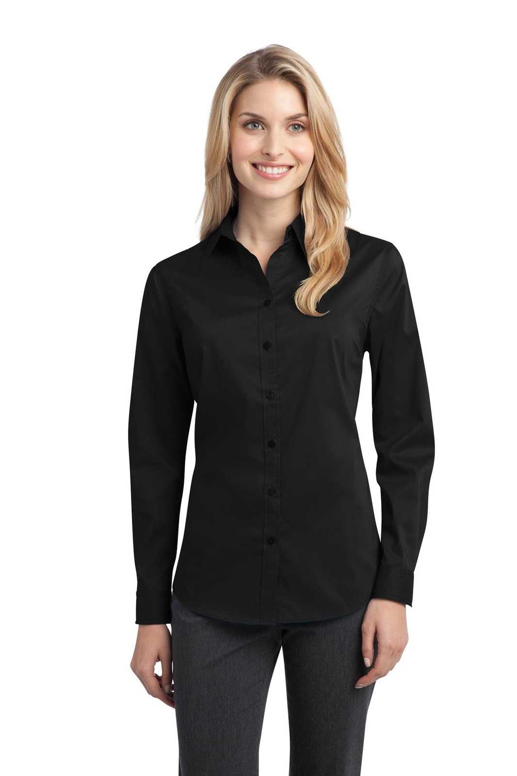 Port Authority L646 Ladies Stretch Poplin Shirt - Black - HIT a Double - 1