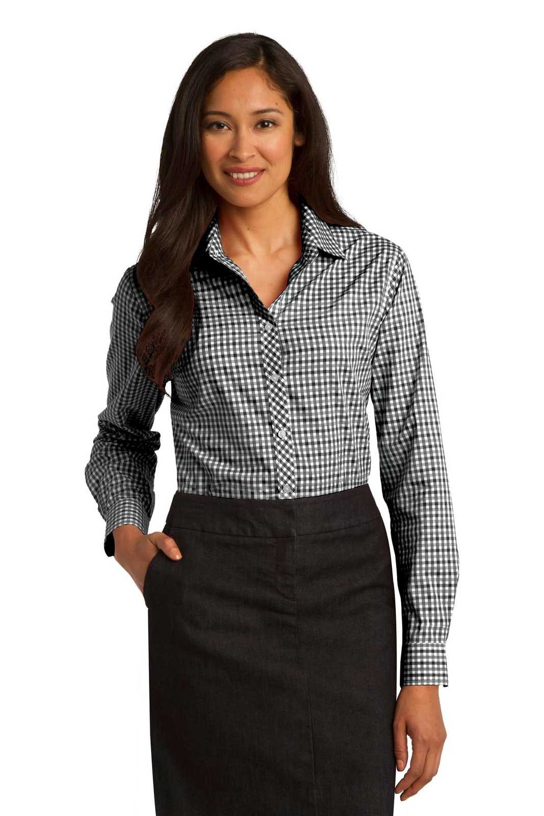 Port Authority L654 Ladies Long Sleeve Gingham Easy Care Shirt - Black Charcoal - HIT a Double - 1