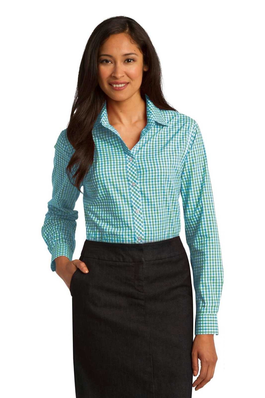 Port Authority L654 Ladies Long Sleeve Gingham Easy Care Shirt - Green Aqua - HIT a Double - 1