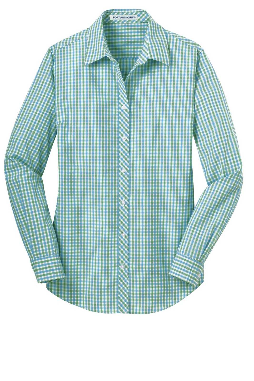 Port Authority L654 Ladies Long Sleeve Gingham Easy Care Shirt - Green Aqua - HIT a Double - 2