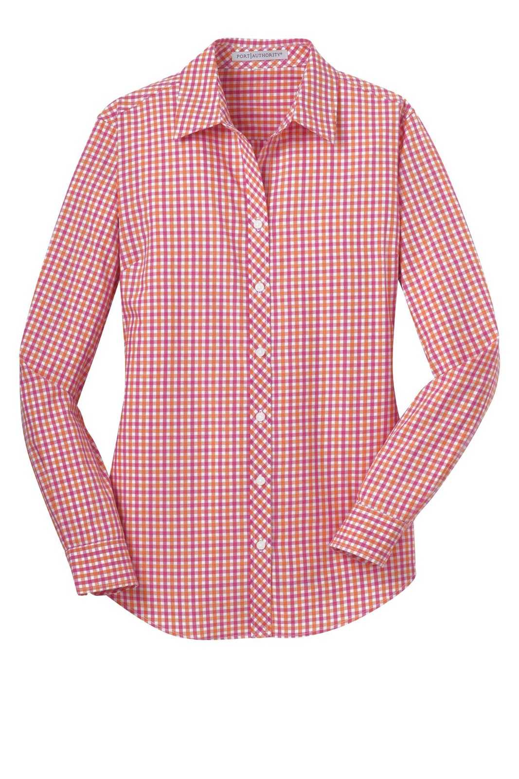 Port Authority L654 Ladies Long Sleeve Gingham Easy Care Shirt - Tangerine Pink - HIT a Double - 2