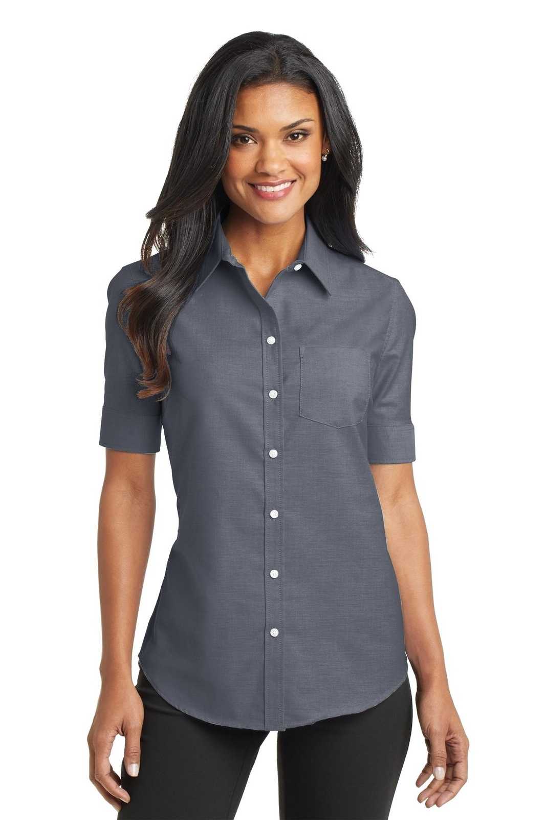 Port Authority L659 Ladies Short Sleeve Superpro Oxford Shirt - Black - HIT a Double - 1