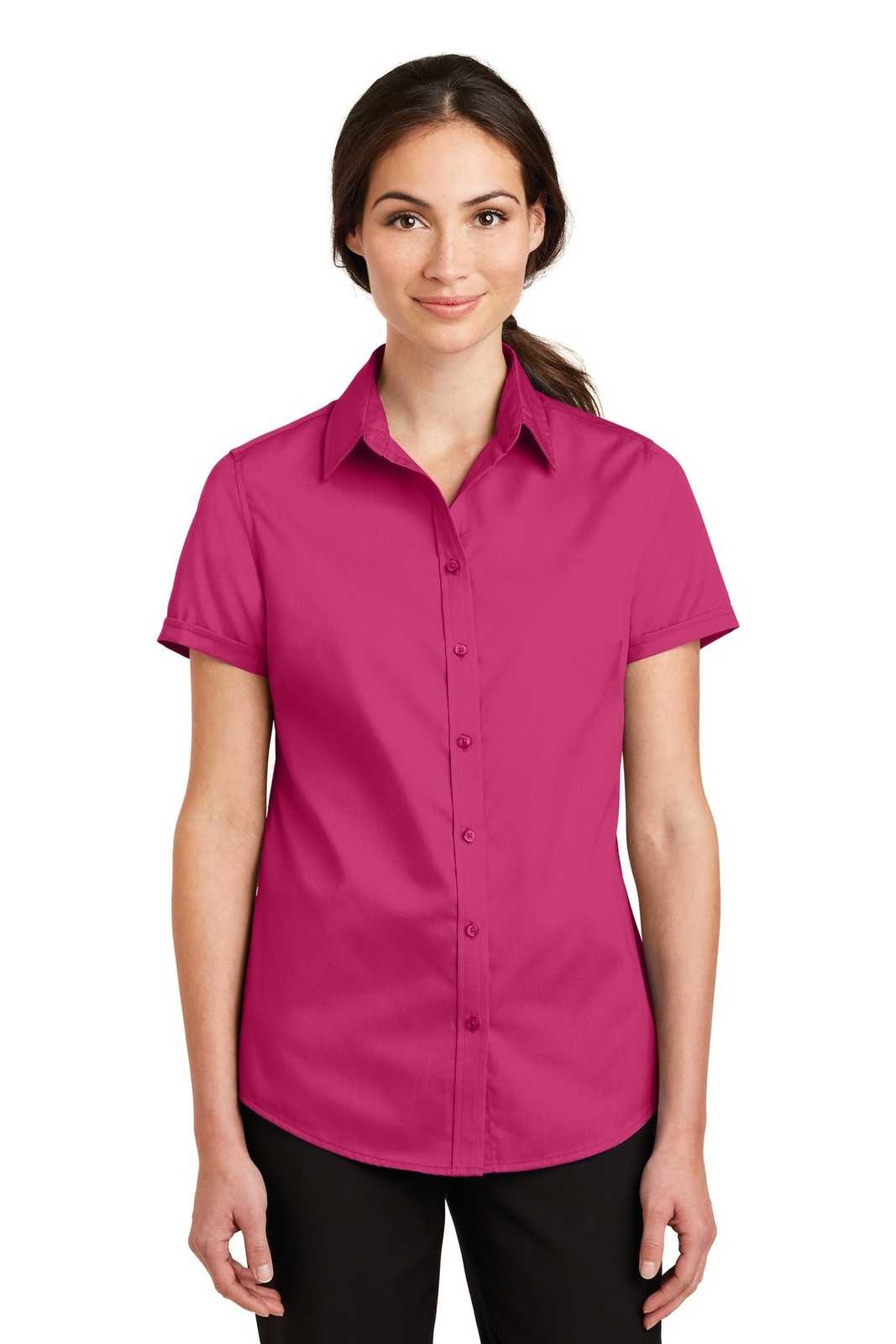 Port Authority L664 Ladies Short Sleeve Superpro Twill Shirt - Pink Azalea - HIT a Double - 1