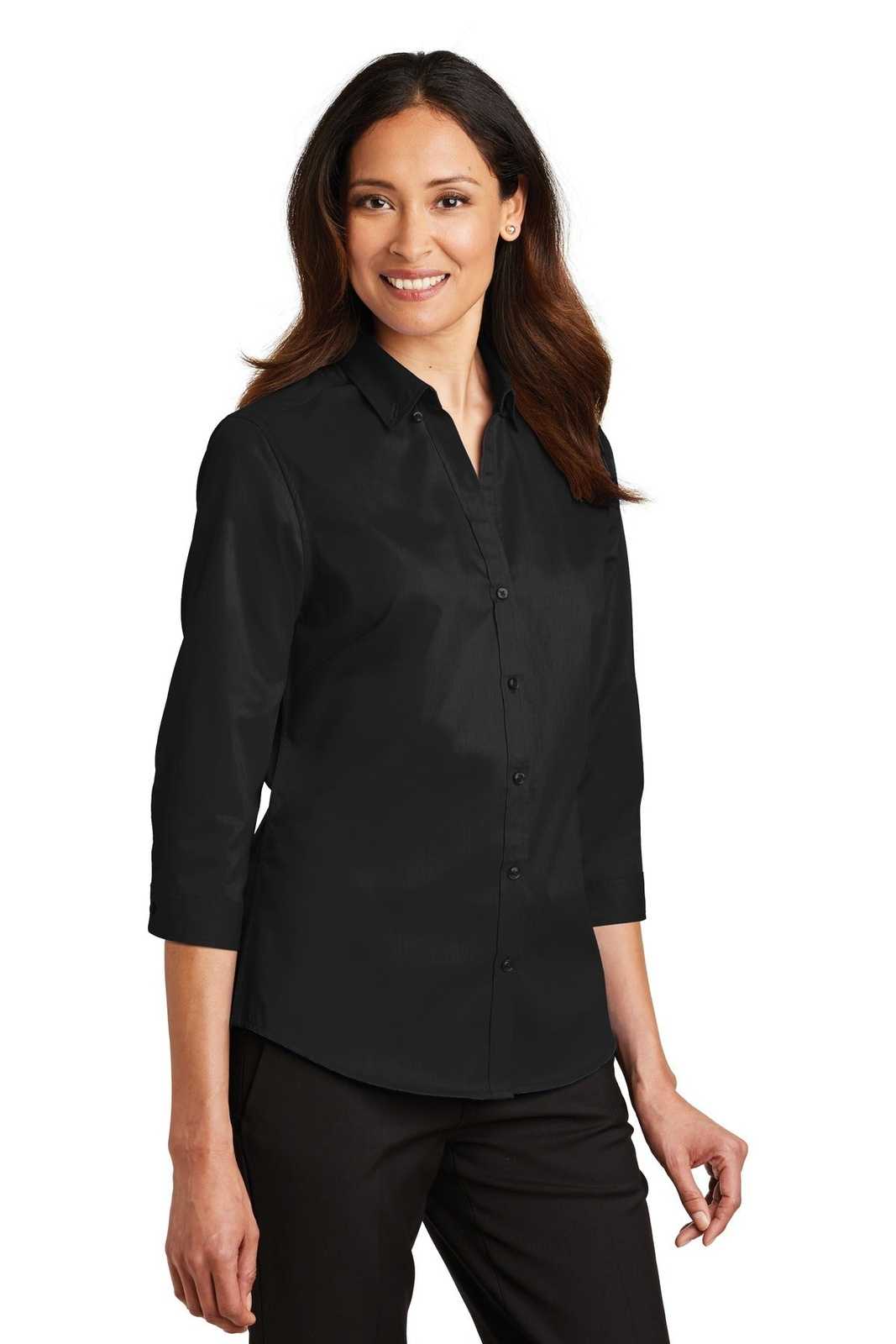 Port Authority L665 Ladies 3/4-Sleeve Superpro Twill Shirt - Black - HIT a Double - 4