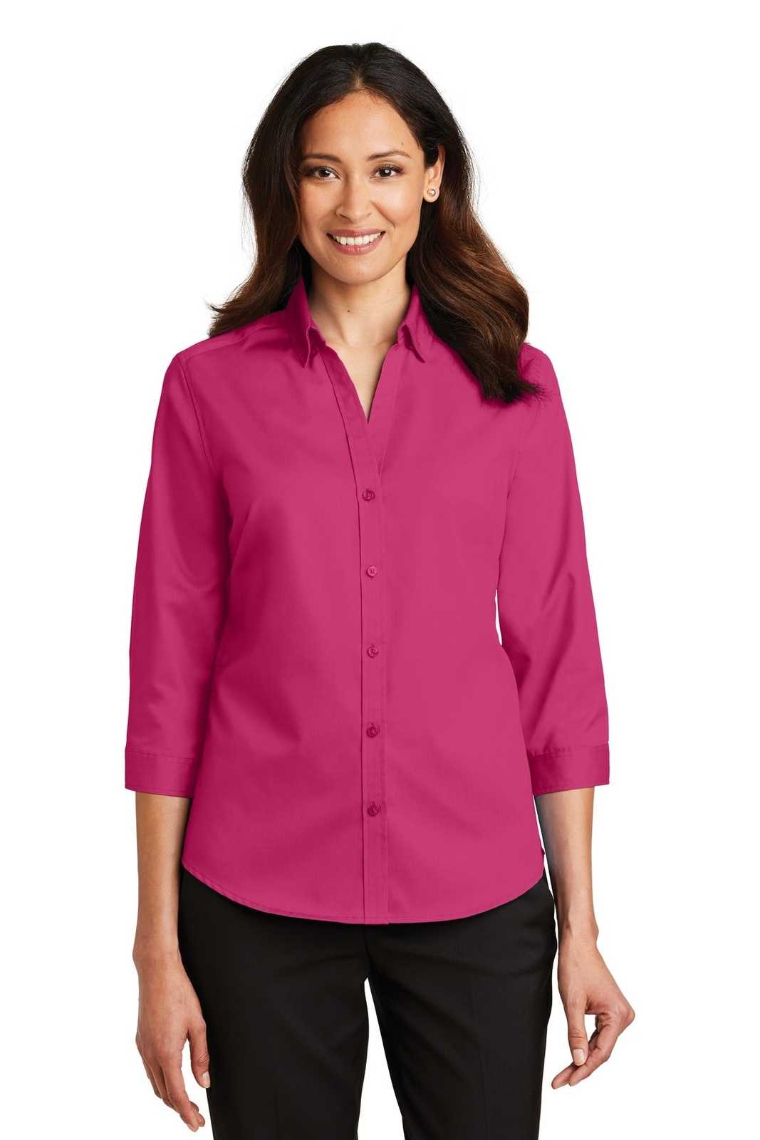 Port Authority L665 Ladies 3/4-Sleeve Superpro Twill Shirt - Pink Azalea - HIT a Double - 1