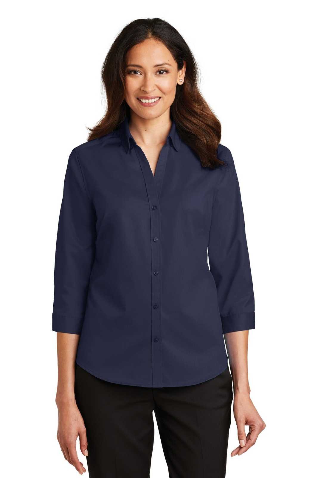Port Authority L665 Ladies 3/4-Sleeve Superpro Twill Shirt - True Navy - HIT a Double - 1