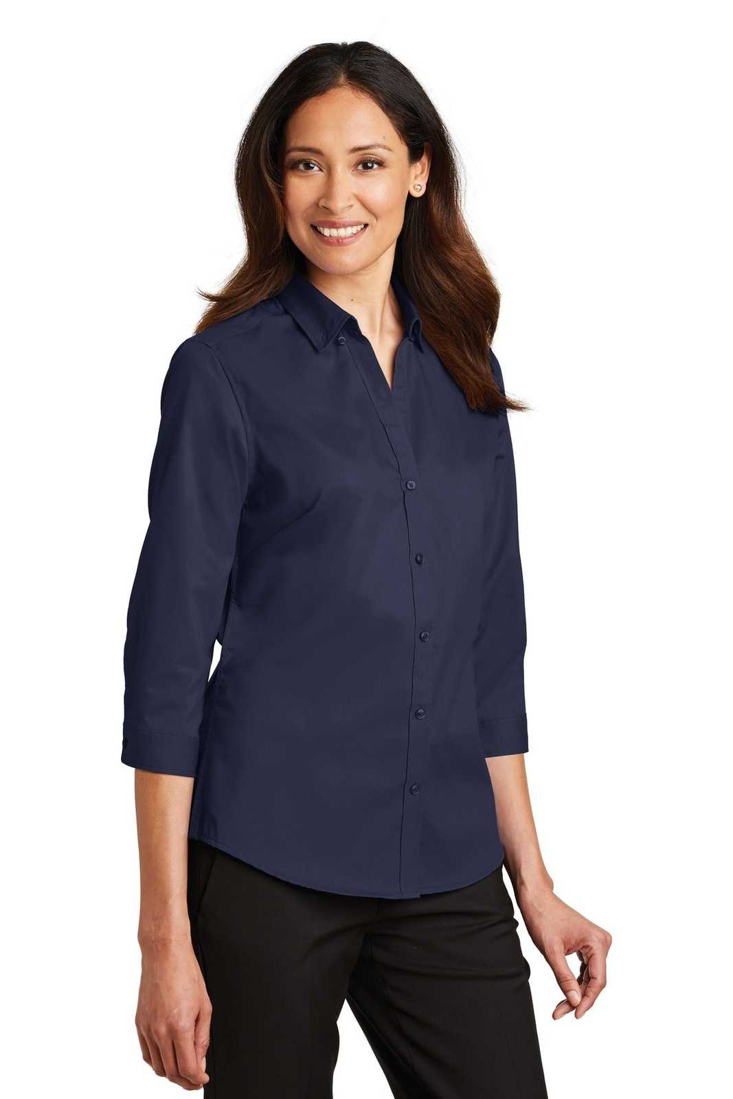 Port Authority L665 Ladies 3/4-Sleeve Superpro Twill Shirt - True Navy - HIT a Double - 4