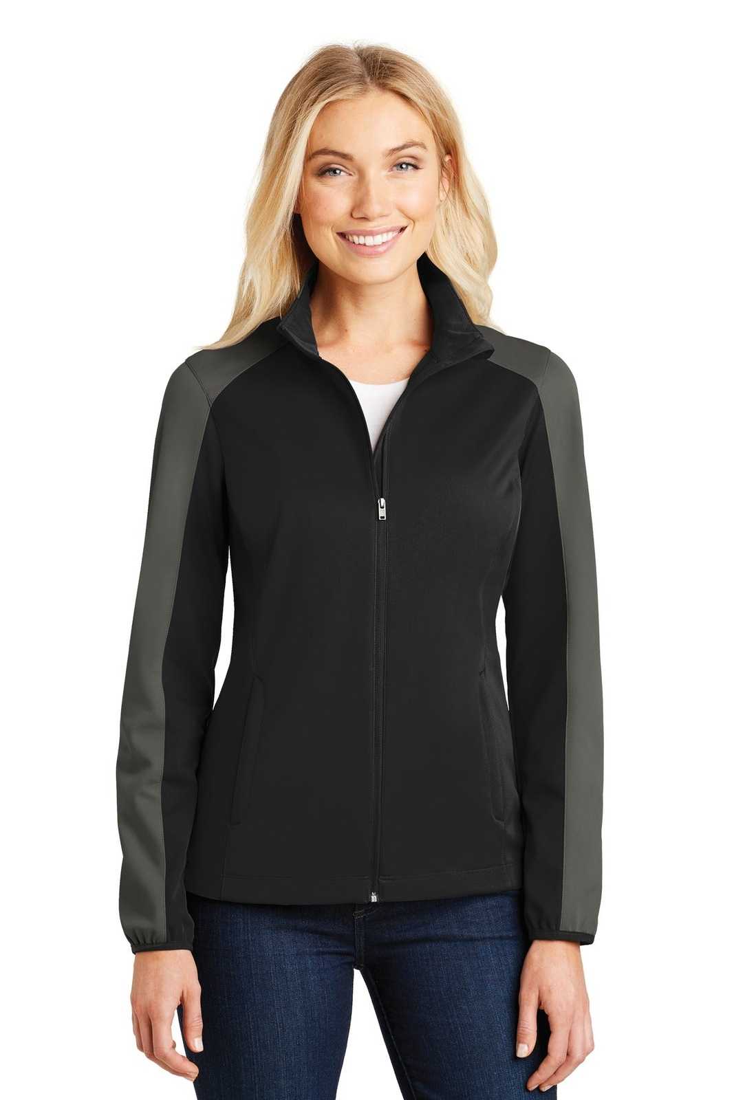 Port Authority L718 Ladies Active Colorblock Soft Shell Jacket - Deep Black Gray Steel - HIT a Double - 1