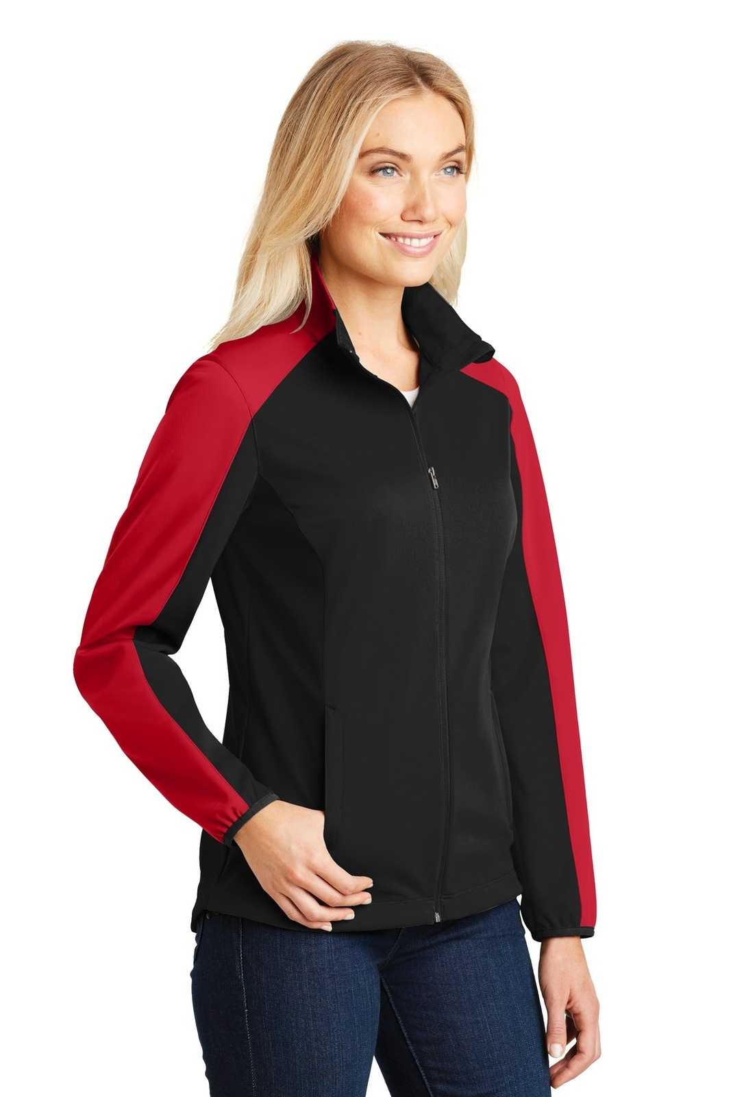 Port Authority L718 Ladies Active Colorblock Soft Shell Jacket - Deep Black Rich Red - HIT a Double - 4