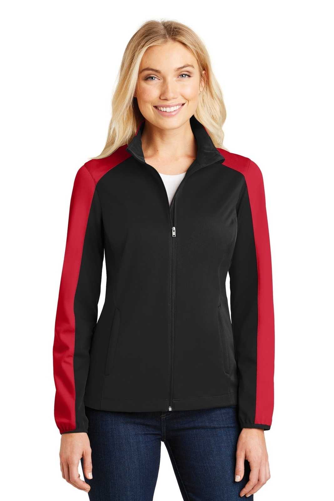 Port Authority L718 Ladies Active Colorblock Soft Shell Jacket - Deep Black Rich Red - HIT a Double - 1
