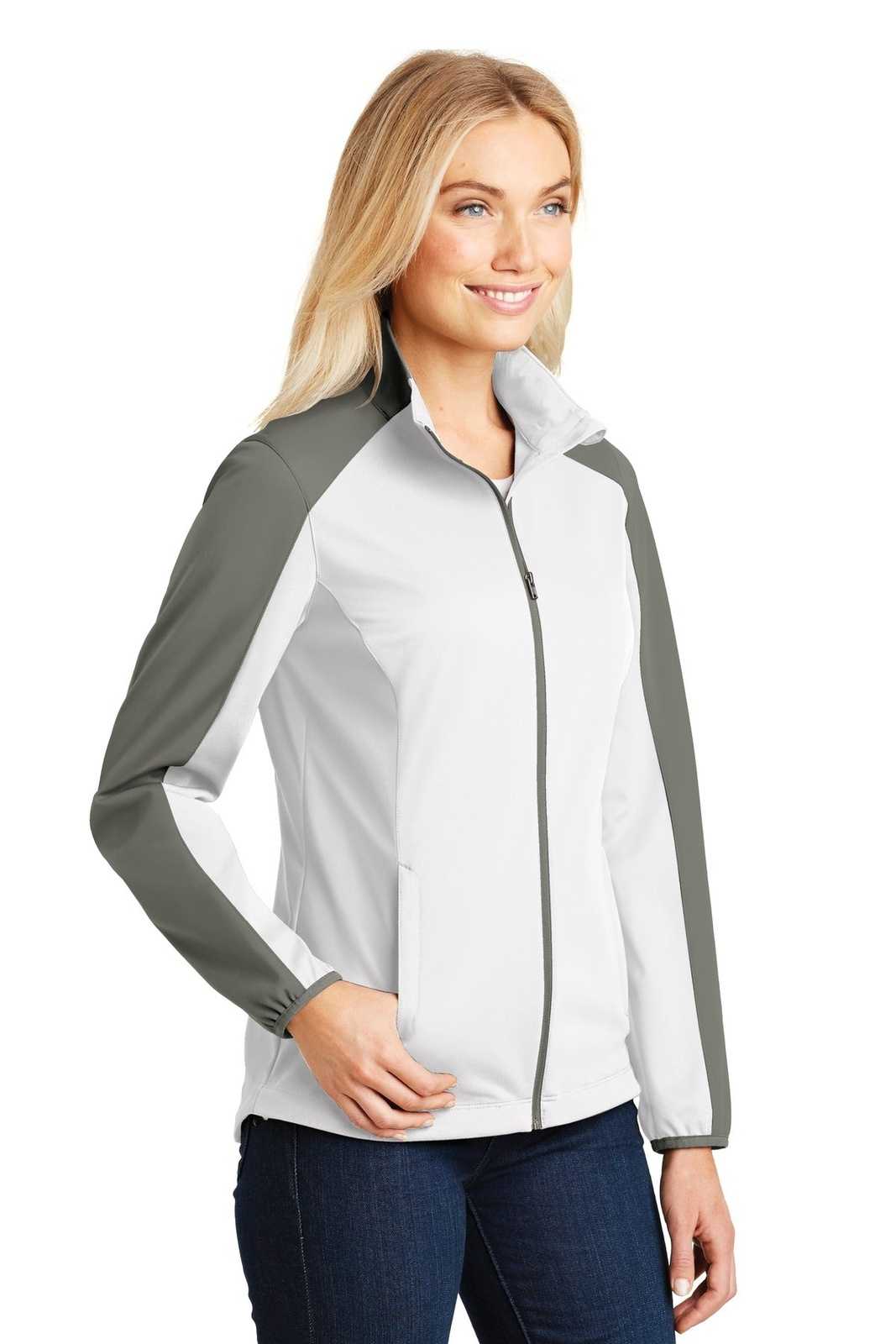 Port Authority L718 Ladies Active Colorblock Soft Shell Jacket - White Rogue Gray - HIT a Double - 4