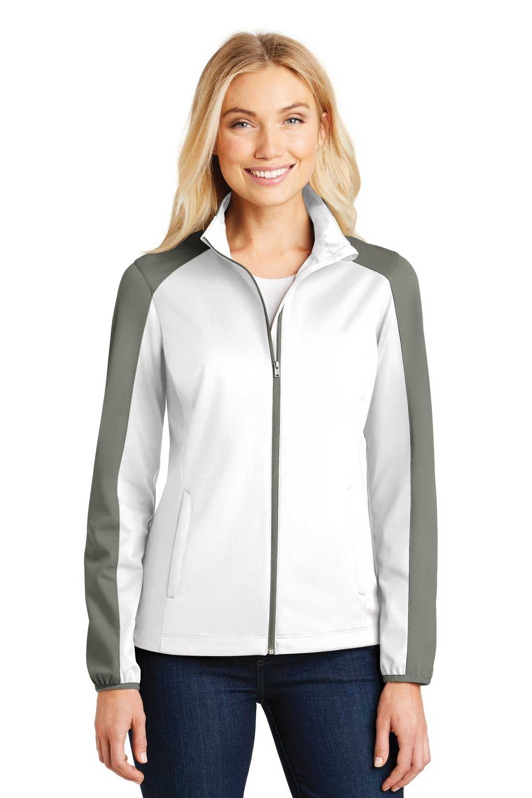 Port Authority L718 Ladies Active Colorblock Soft Shell Jacket - White Rogue Gray - HIT a Double - 1