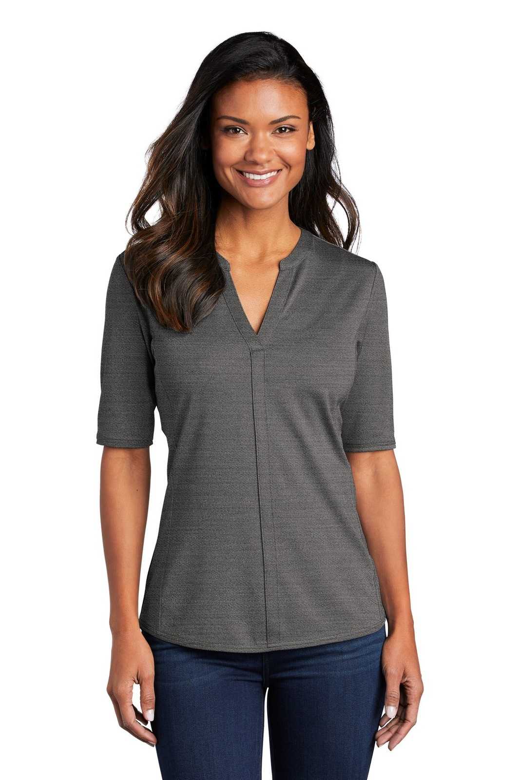 Port Authority LK583 Ladies Stretch Heather Open Neck Top - Black Thunder Gray - HIT a Double - 1