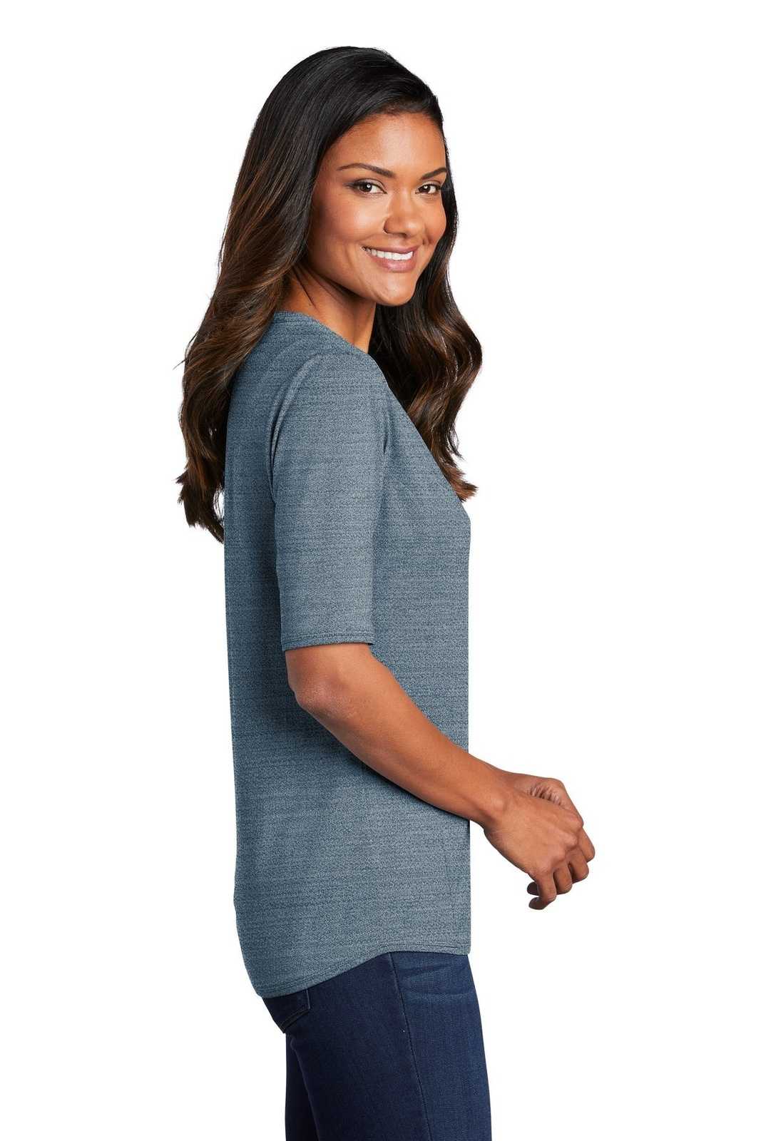 Port Authority LK583 Ladies Stretch Heather Open Neck Top - Regatta Blue Gusty Gray - HIT a Double - 3