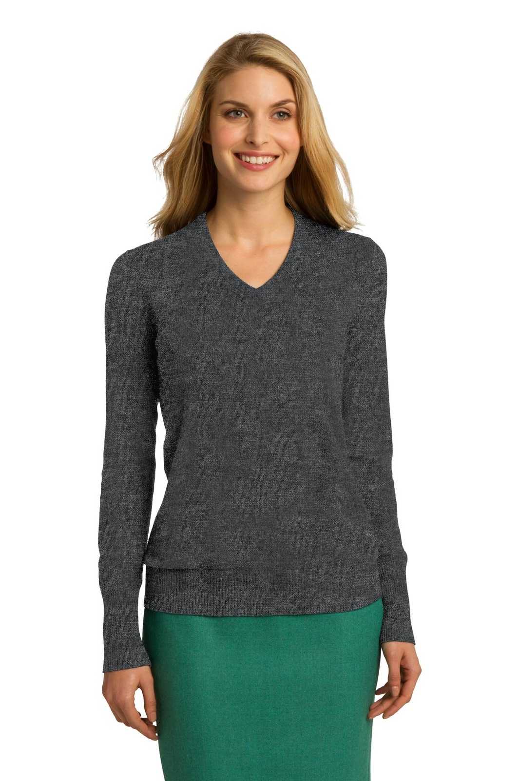 Port Authority LSW285 Ladies V-Neck Sweater - Charcoal Heather - HIT a Double - 1