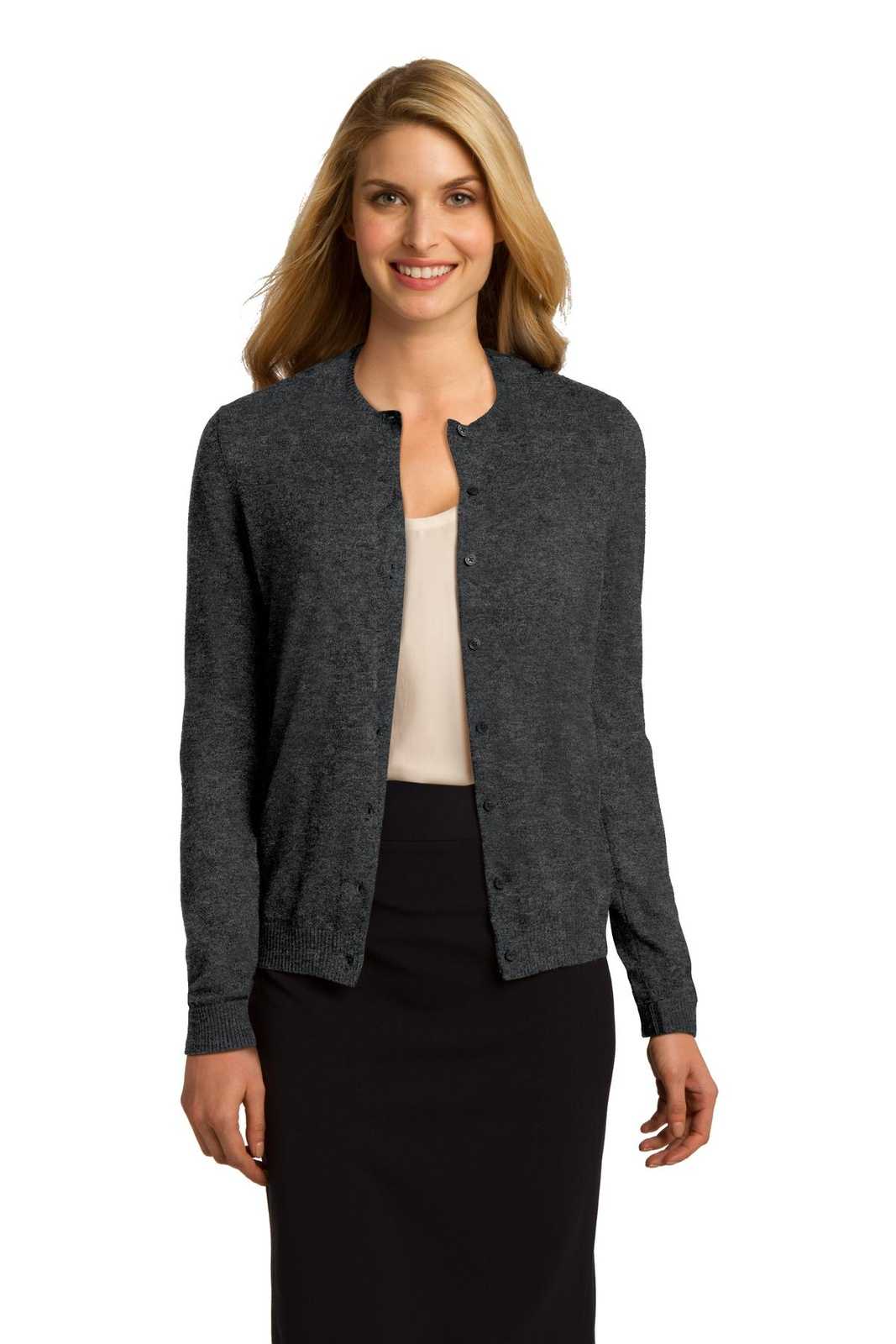 Port Authority LSW287 Ladies Cardigan Sweater - Charcoal Heather - HIT a Double - 1