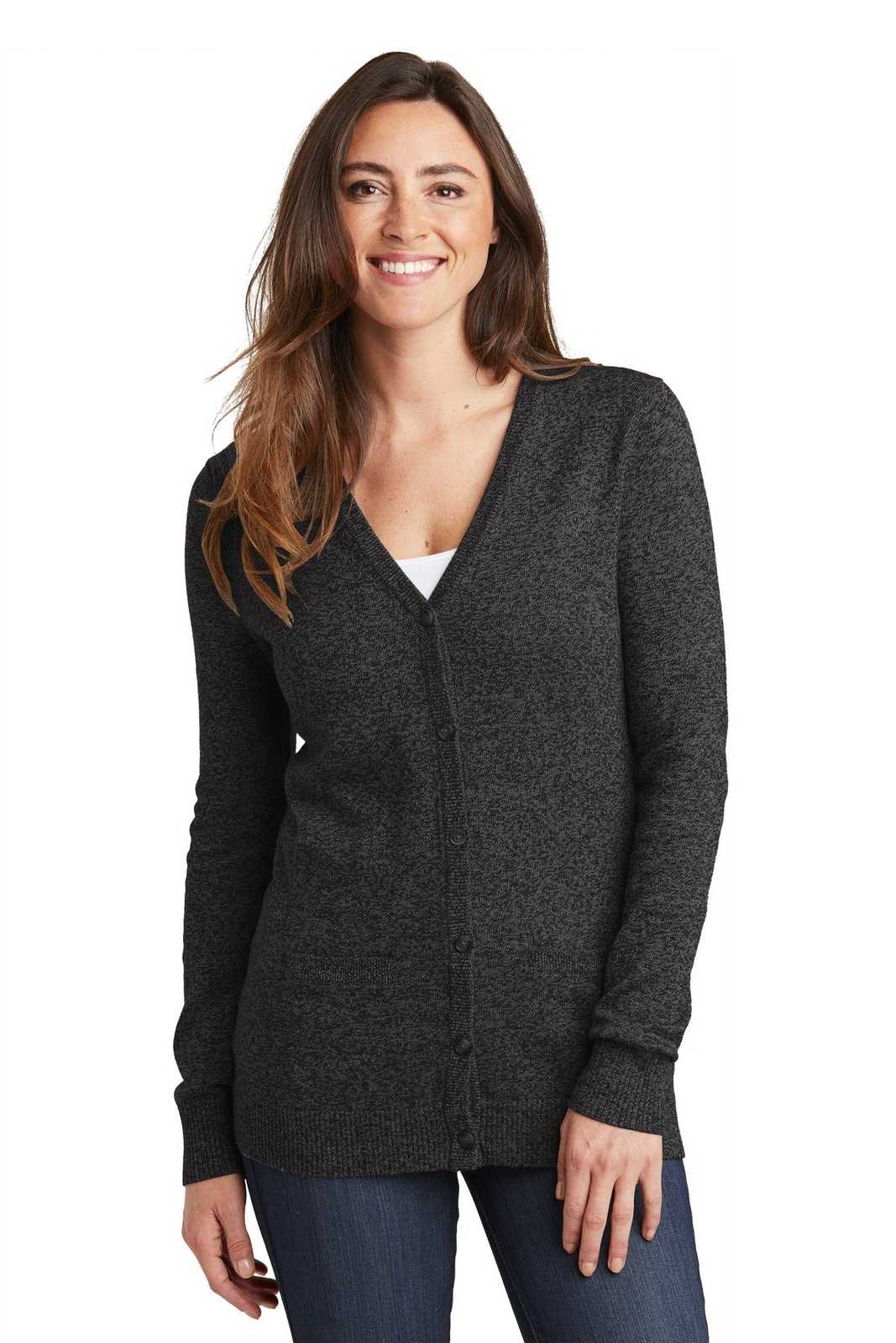 Port Authority LSW415 Ladies Marled Cardigan Sweater - Black Marl - HIT a Double - 1