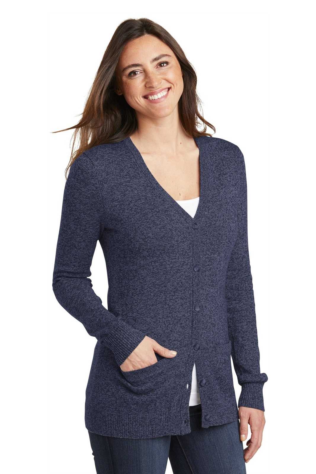 Port Authority LSW415 Ladies Marled Cardigan Sweater - Navy Marl - HIT a Double - 4