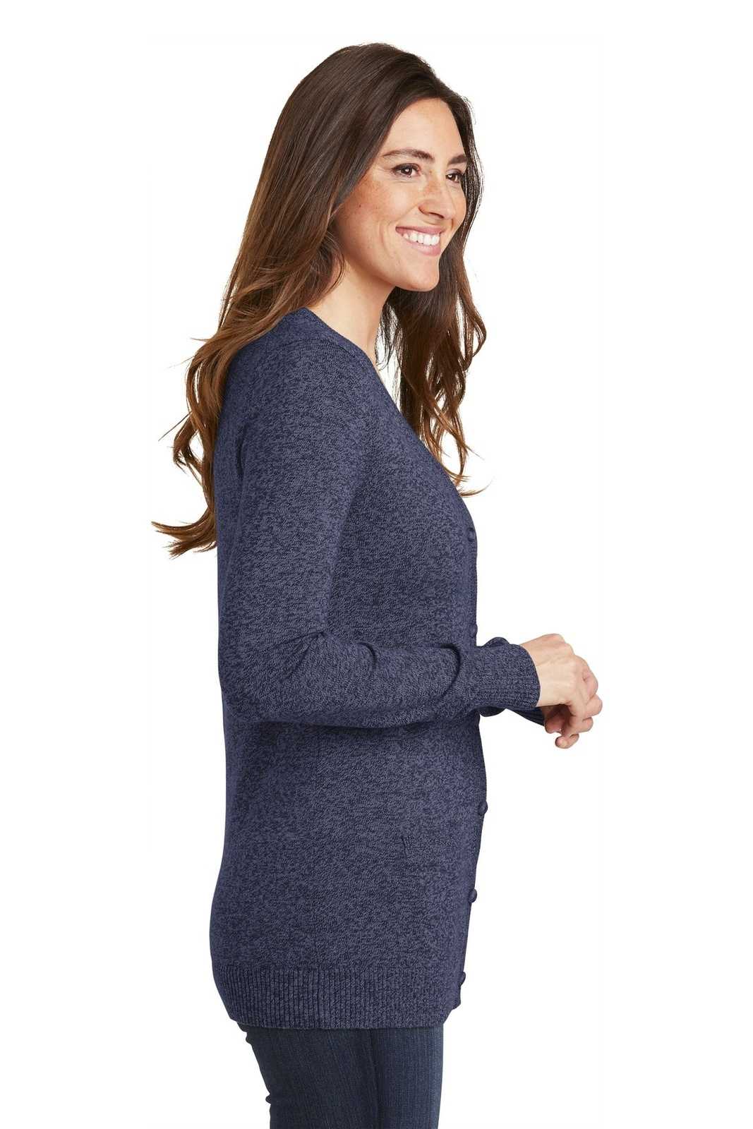 Port Authority LSW415 Ladies Marled Cardigan Sweater - Navy Marl - HIT a Double - 3