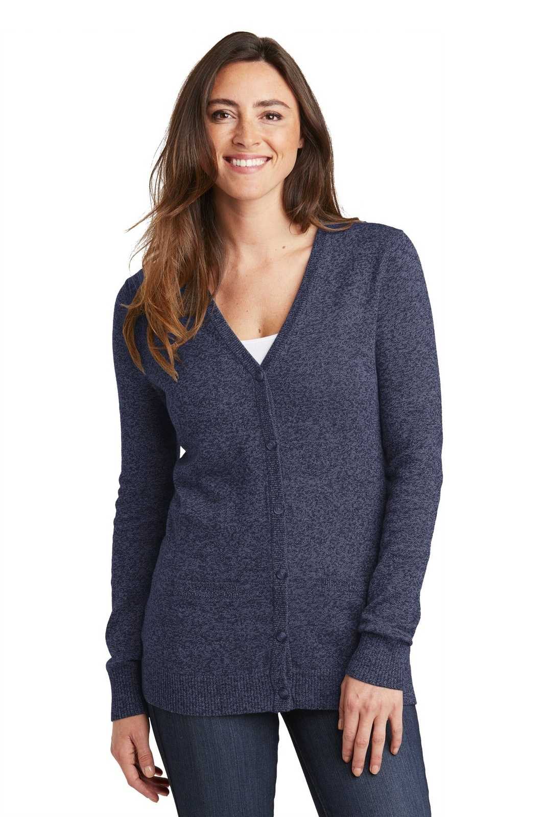 Port Authority LSW415 Ladies Marled Cardigan Sweater - Navy Marl - HIT a Double - 1