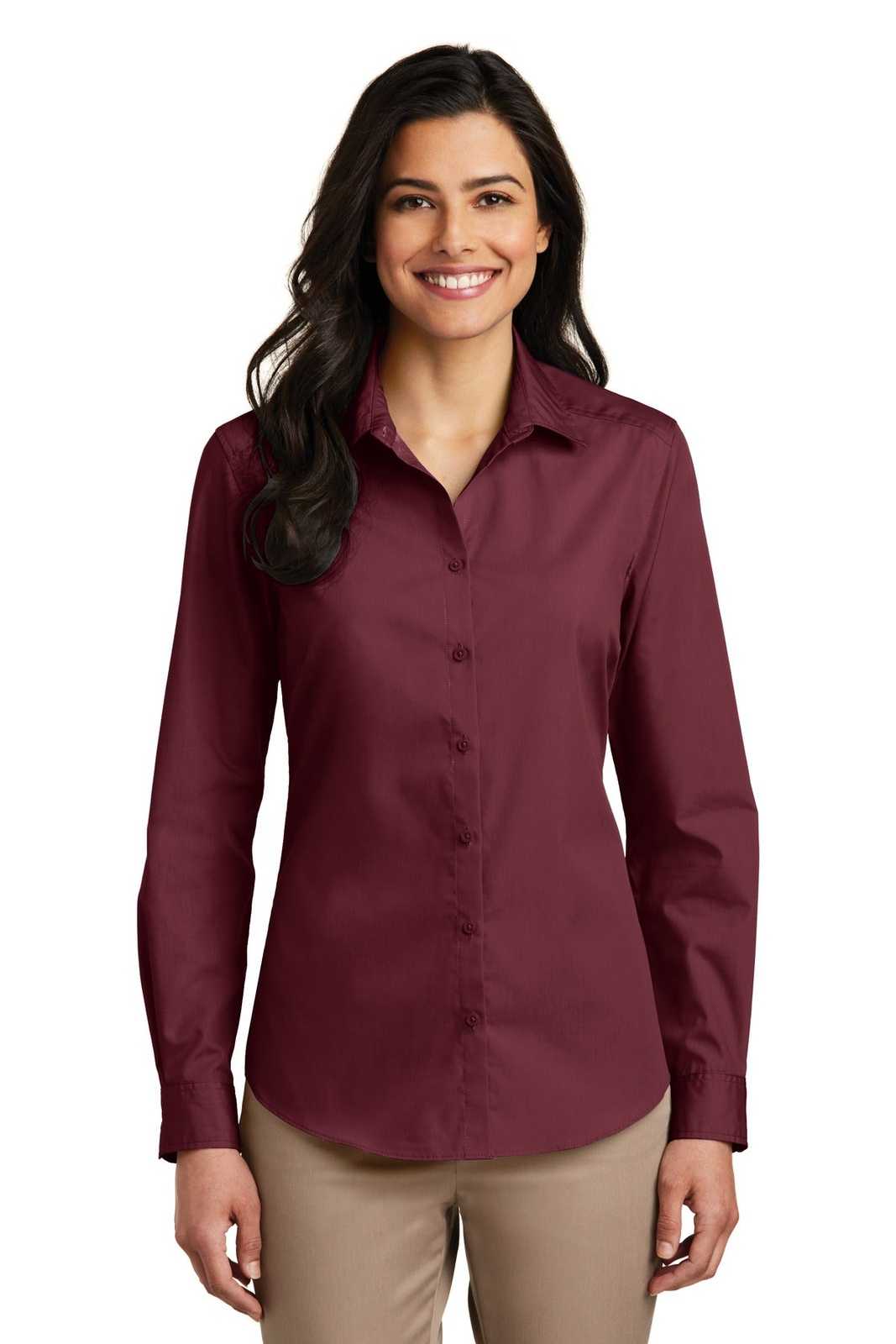 Port Authority LW100 Ladies Long Sleeve Carefree Poplin Shirt - Burgundy - HIT a Double - 1