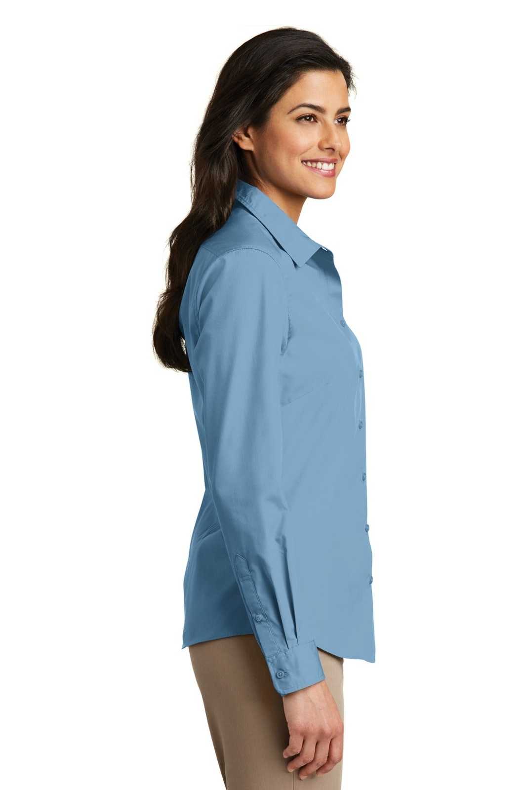 Port Authority LW100 Ladies Long Sleeve Carefree Poplin Shirt - Carolina Blue - HIT a Double - 3
