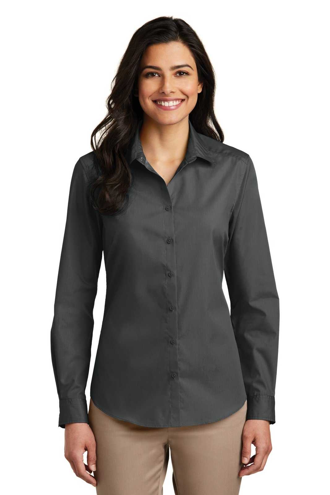 Port Authority LW100 Ladies Long Sleeve Carefree Poplin Shirt - Graphite - HIT a Double - 1