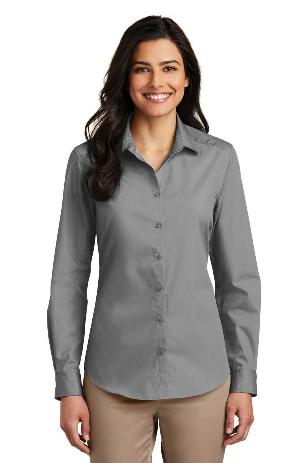 Port Authority LW100 Ladies Long Sleeve Carefree Poplin Shirt - Gusty Gray - HIT a Double - 1