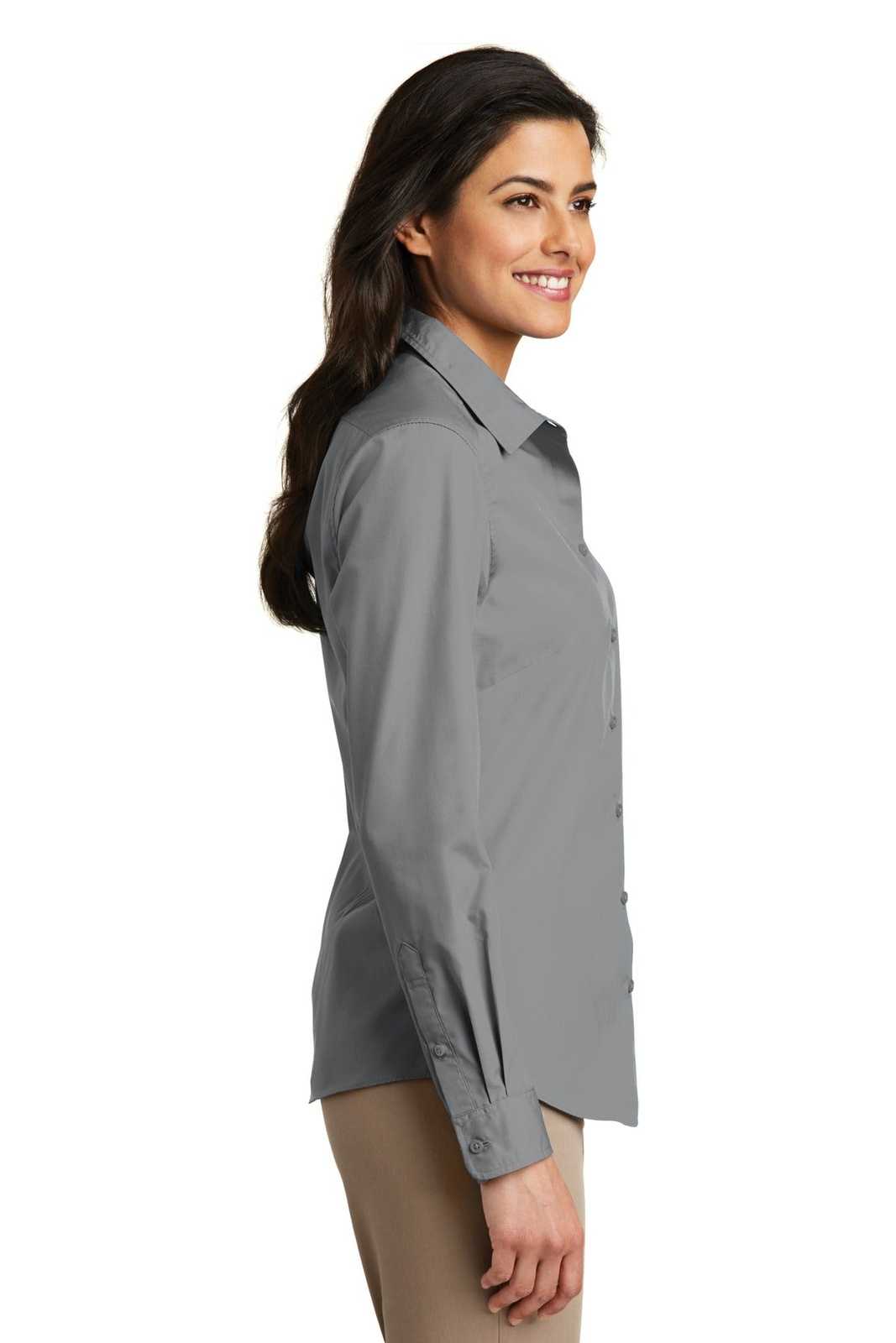 Port Authority LW100 Ladies Long Sleeve Carefree Poplin Shirt - Gusty Gray - HIT a Double - 3