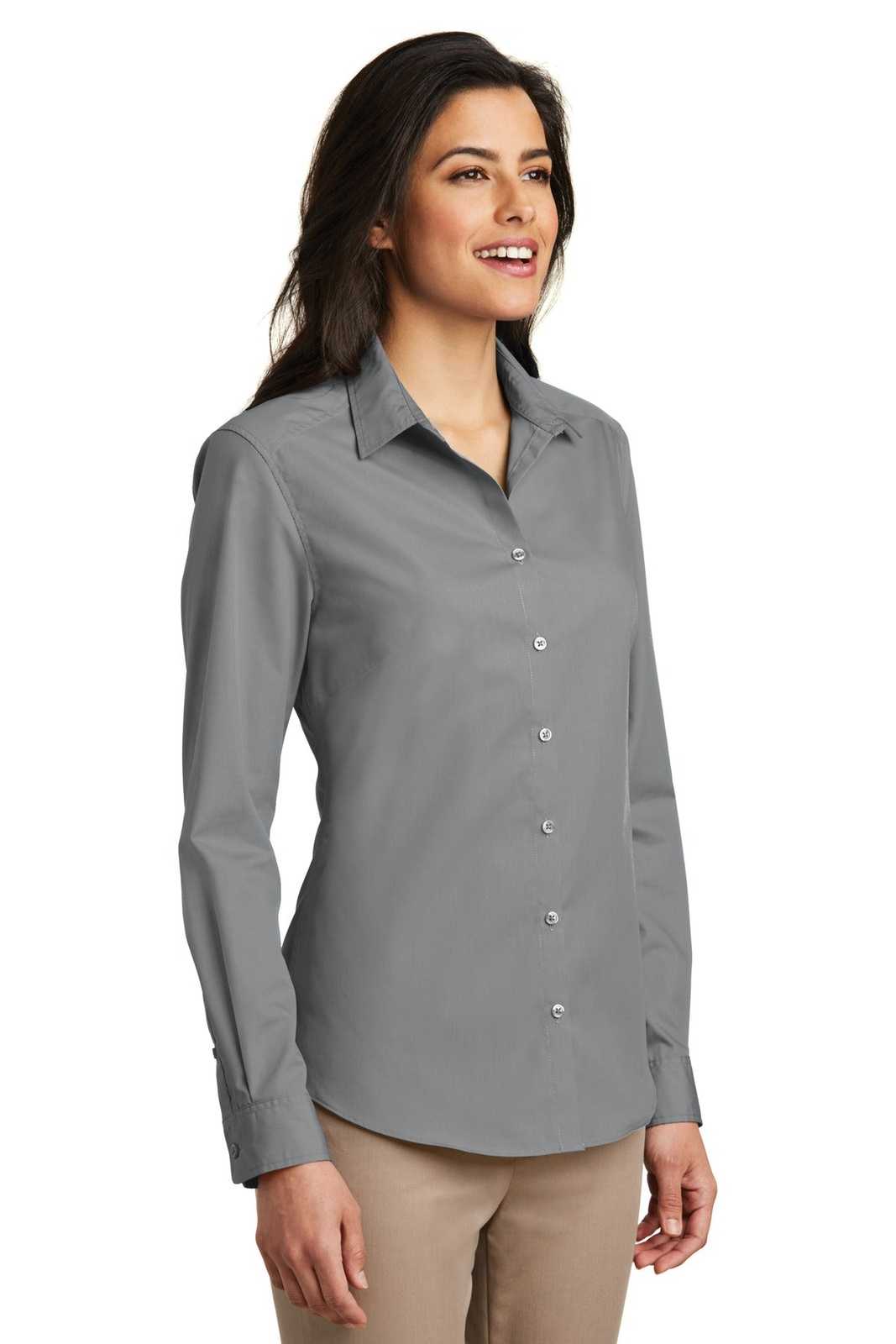 Port Authority LW100 Ladies Long Sleeve Carefree Poplin Shirt - Gusty Gray - HIT a Double - 4