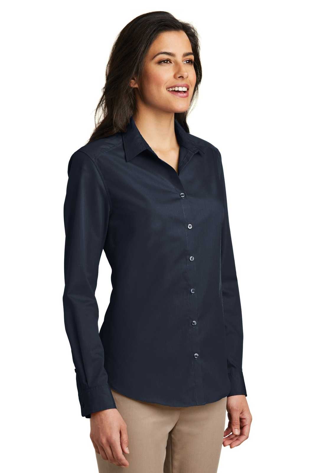 Port Authority LW100 Ladies Long Sleeve Carefree Poplin Shirt - River Blue Navy - HIT a Double - 4
