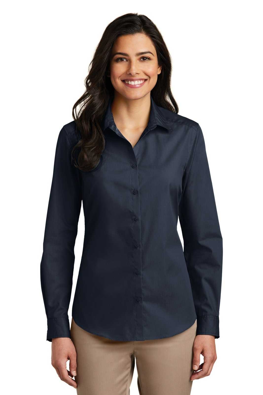 Port Authority LW100 Ladies Long Sleeve Carefree Poplin Shirt - River Blue Navy - HIT a Double - 1