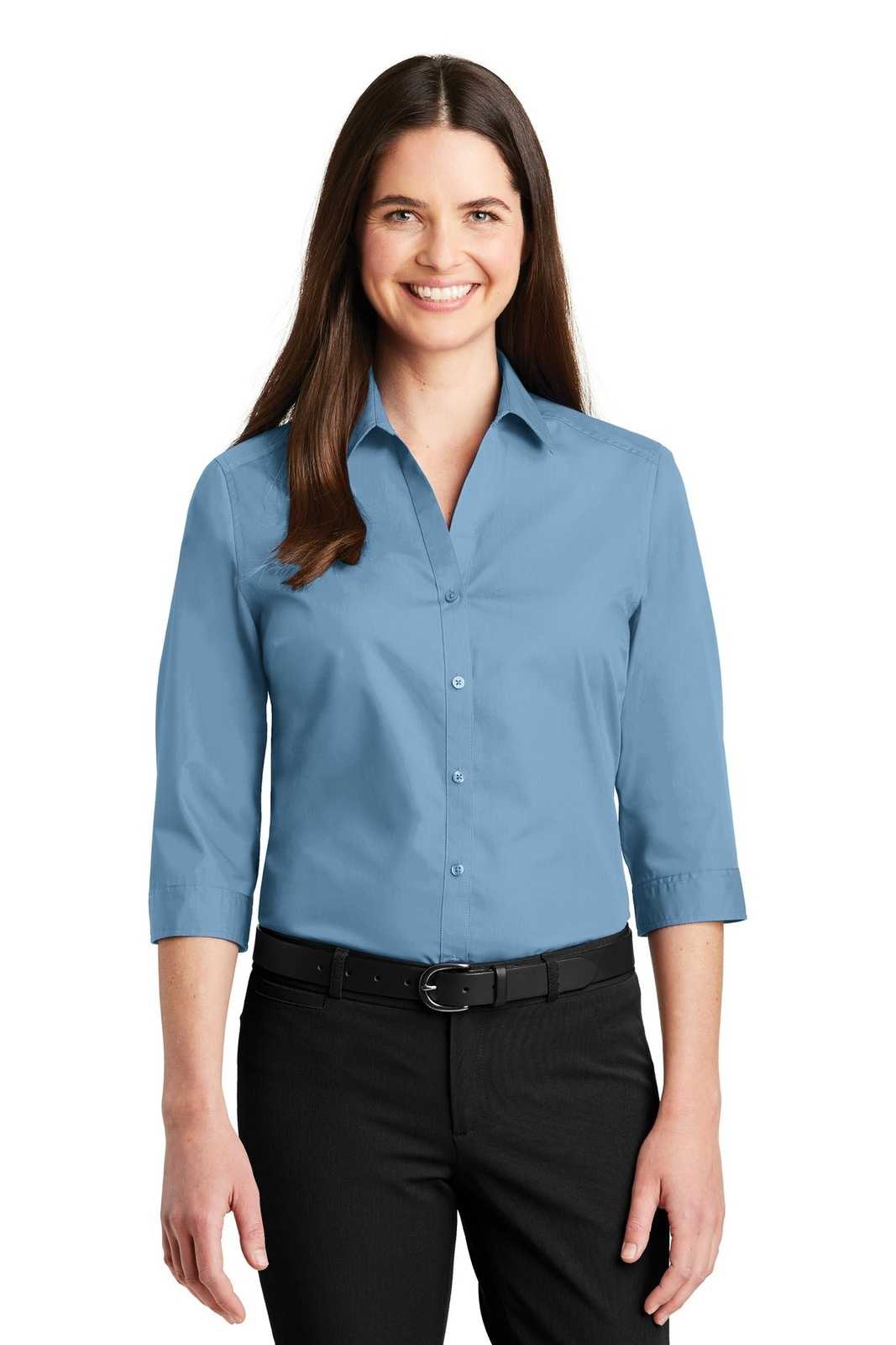 Port Authority LW102 Ladies 3/4-Sleeve Carefree Poplin Shirt - Carolina Blue - HIT a Double - 1