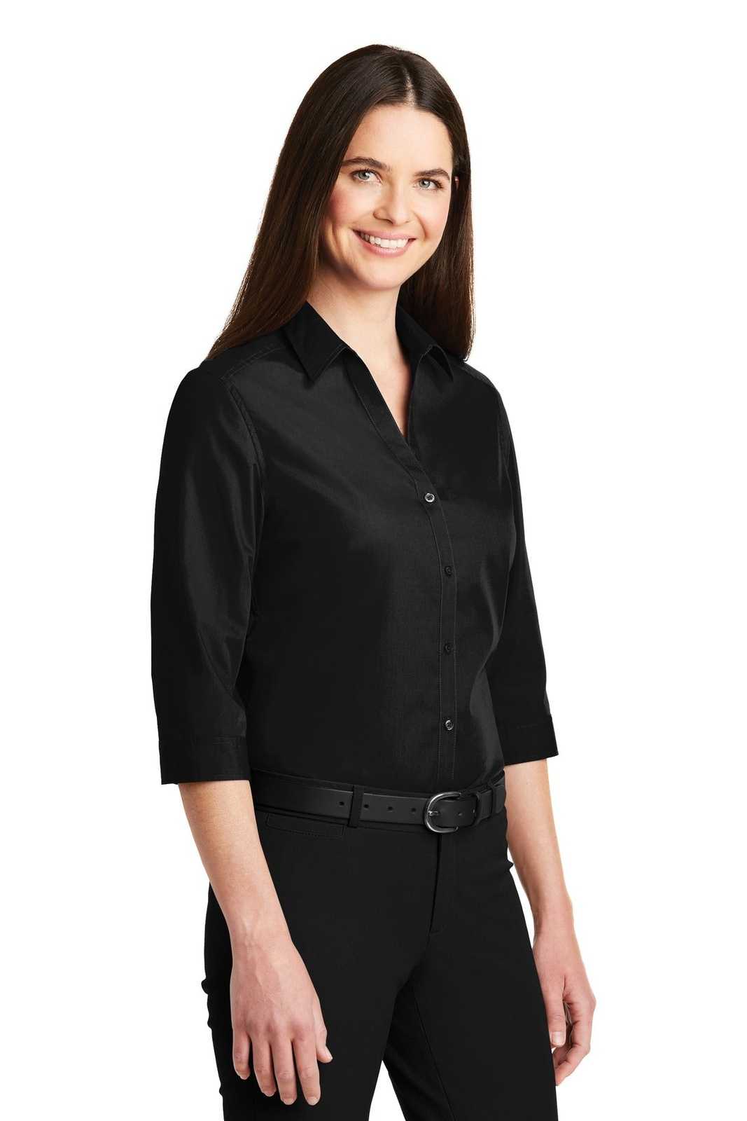 Port Authority LW102 Ladies 3/4-Sleeve Carefree Poplin Shirt - Deep Black - HIT a Double - 4