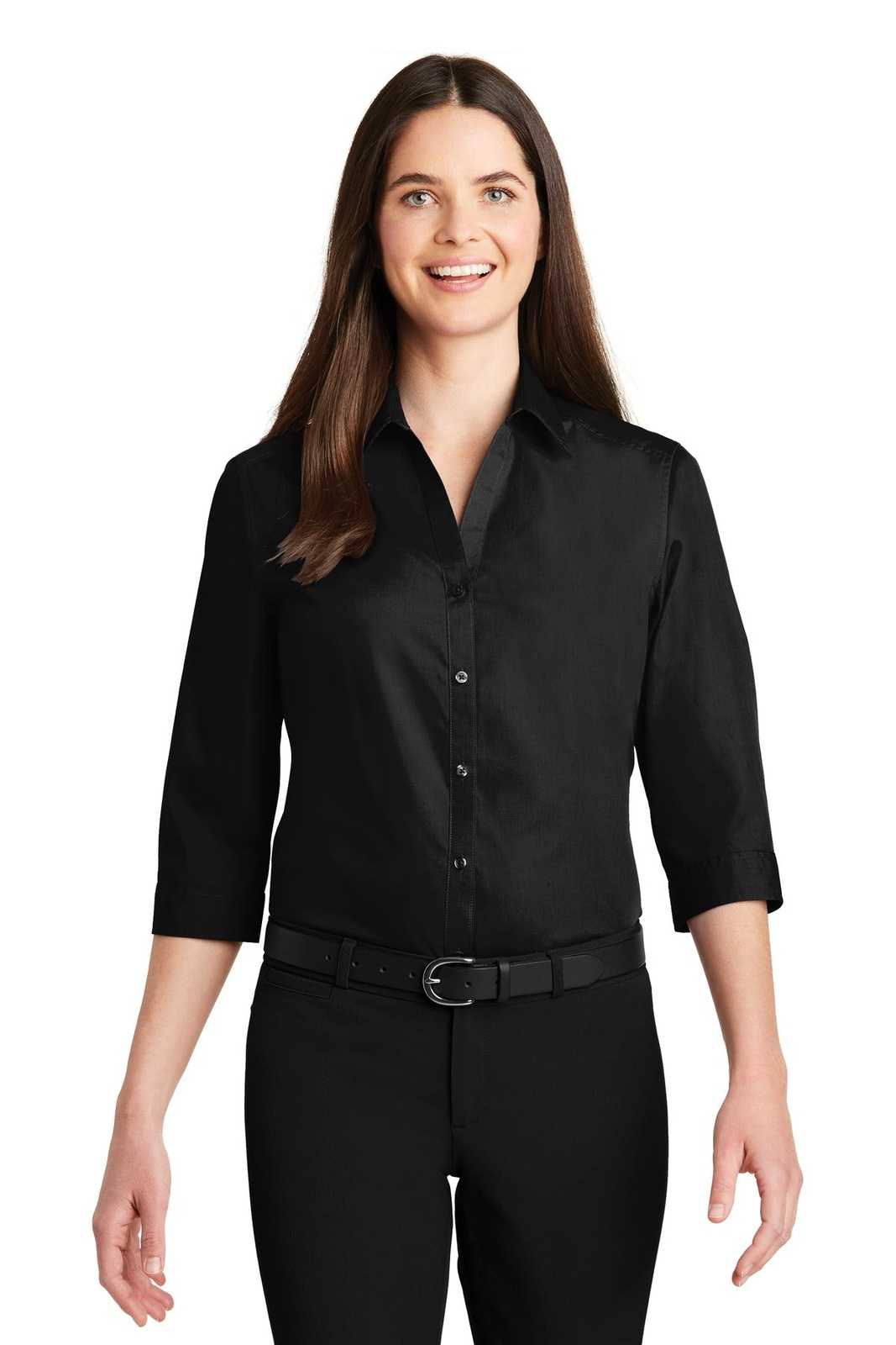 Port Authority LW102 Ladies 3/4-Sleeve Carefree Poplin Shirt - Deep Black - HIT a Double - 1