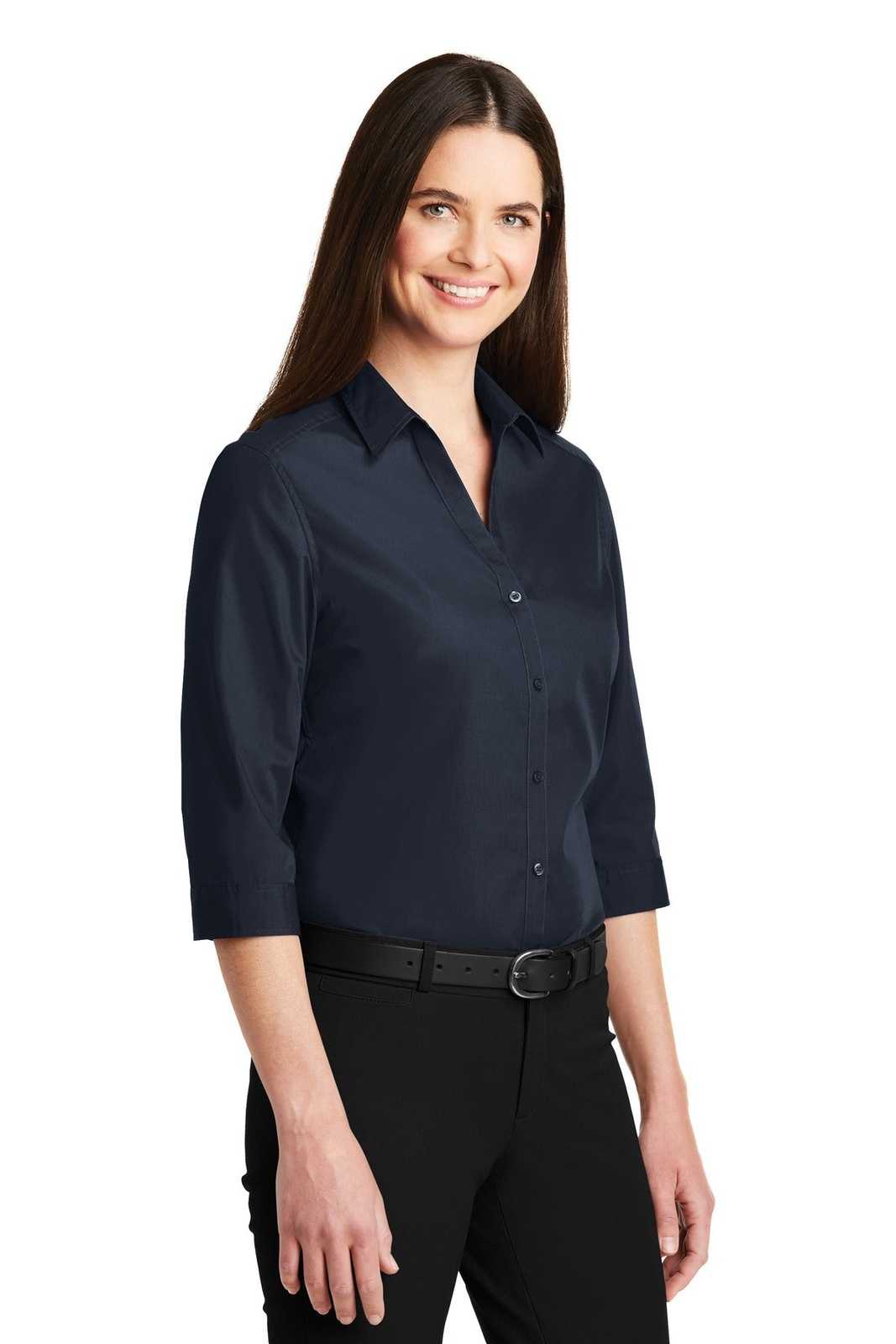 Port Authority LW102 Ladies 3/4-Sleeve Carefree Poplin Shirt - River Blue Navy - HIT a Double - 4