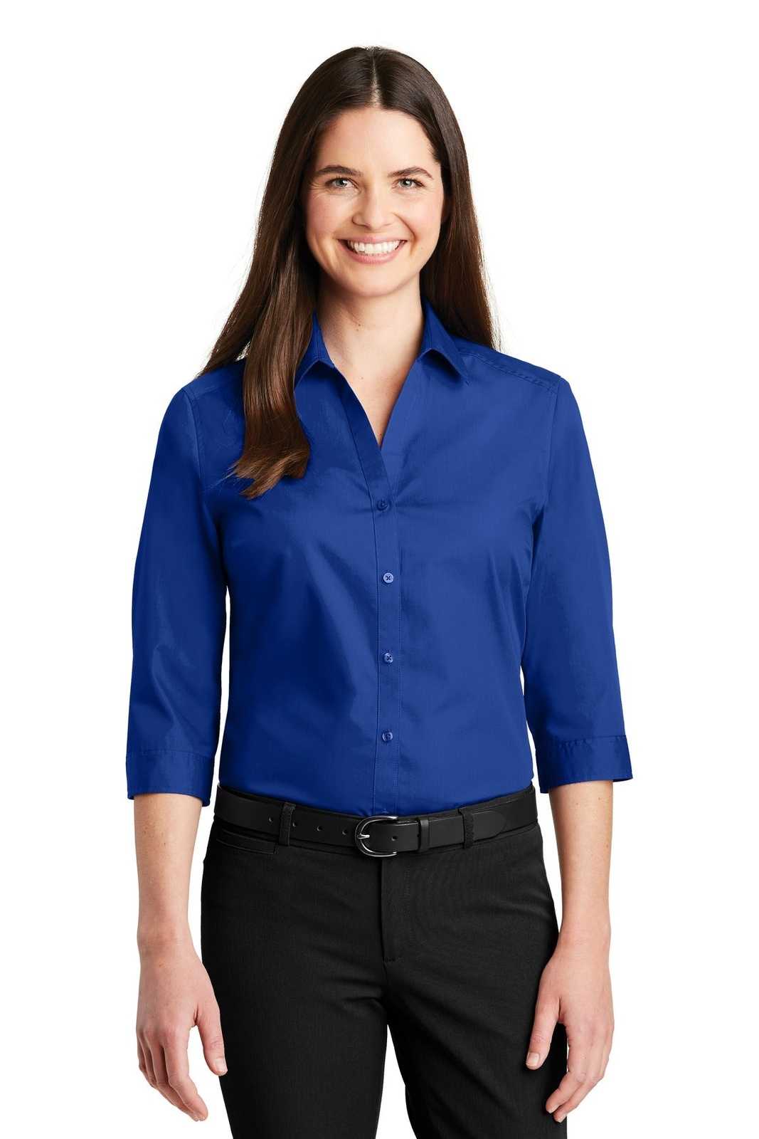 Port Authority LW102 Ladies 3/4-Sleeve Carefree Poplin Shirt - True Royal - HIT a Double - 1