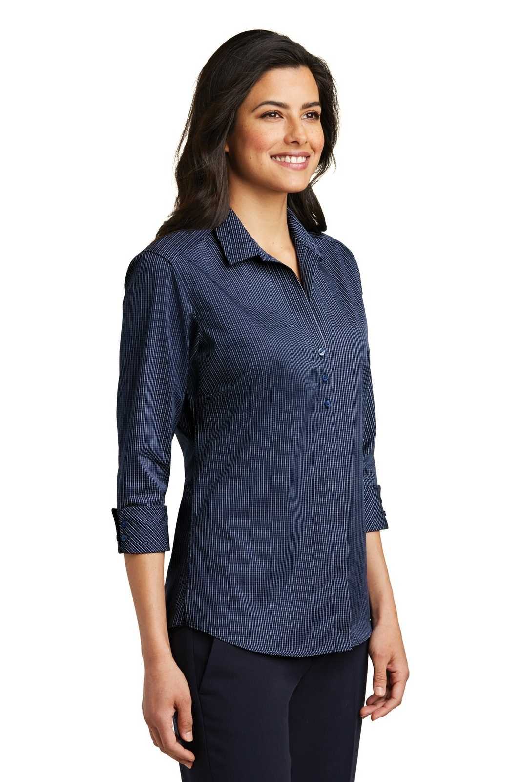 Port Authority LW643 Ladies 3/4-Sleeve Micro Tattersall Easy Care Shirt - Navy Heritage Blue - HIT a Double - 4