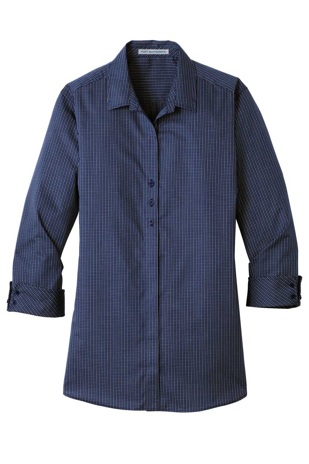 Port Authority LW643 Ladies 3/4-Sleeve Micro Tattersall Easy Care Shirt - Navy Heritage Blue - HIT a Double - 5
