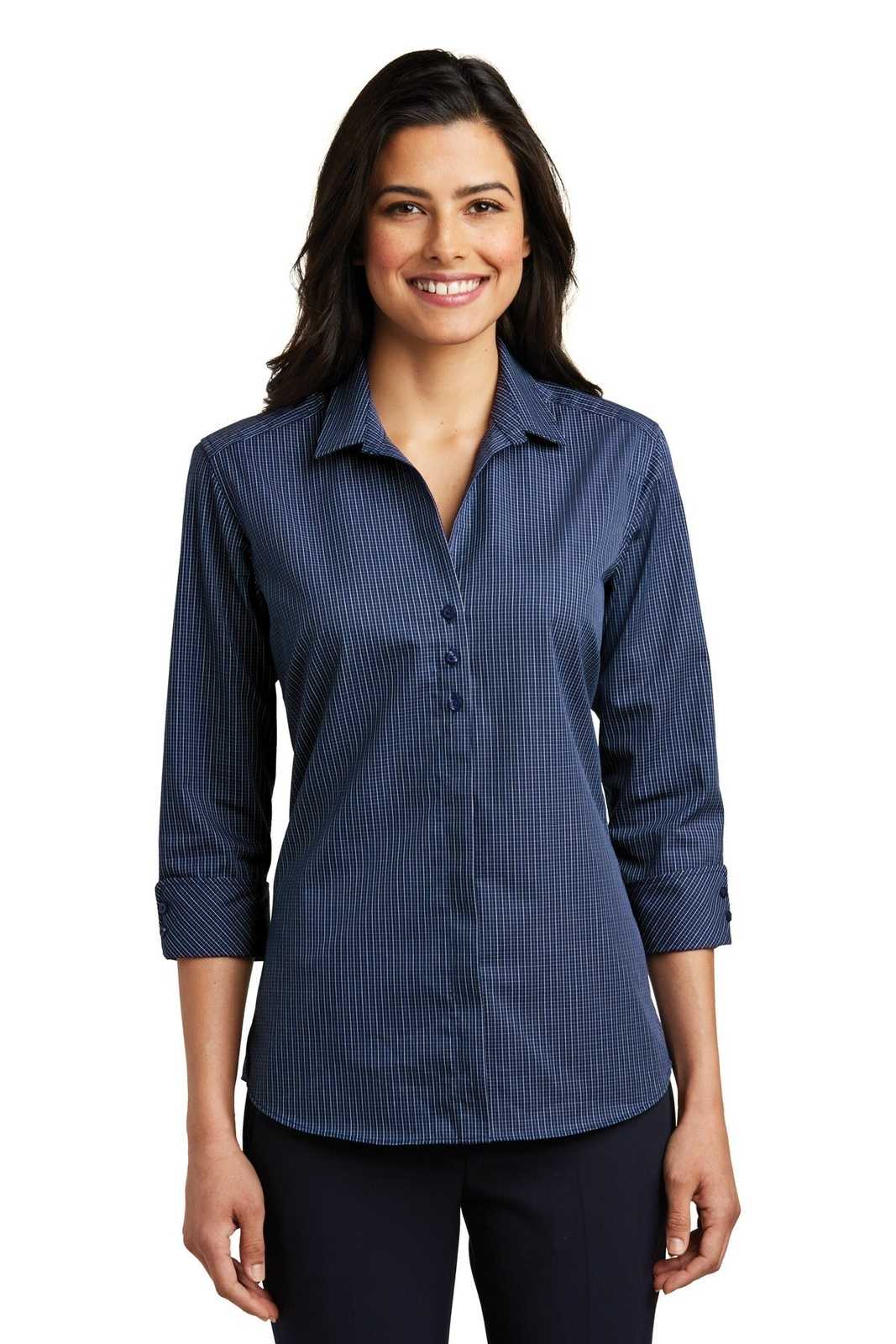 Port Authority LW643 Ladies 3/4-Sleeve Micro Tattersall Easy Care Shirt - Navy Heritage Blue - HIT a Double - 1