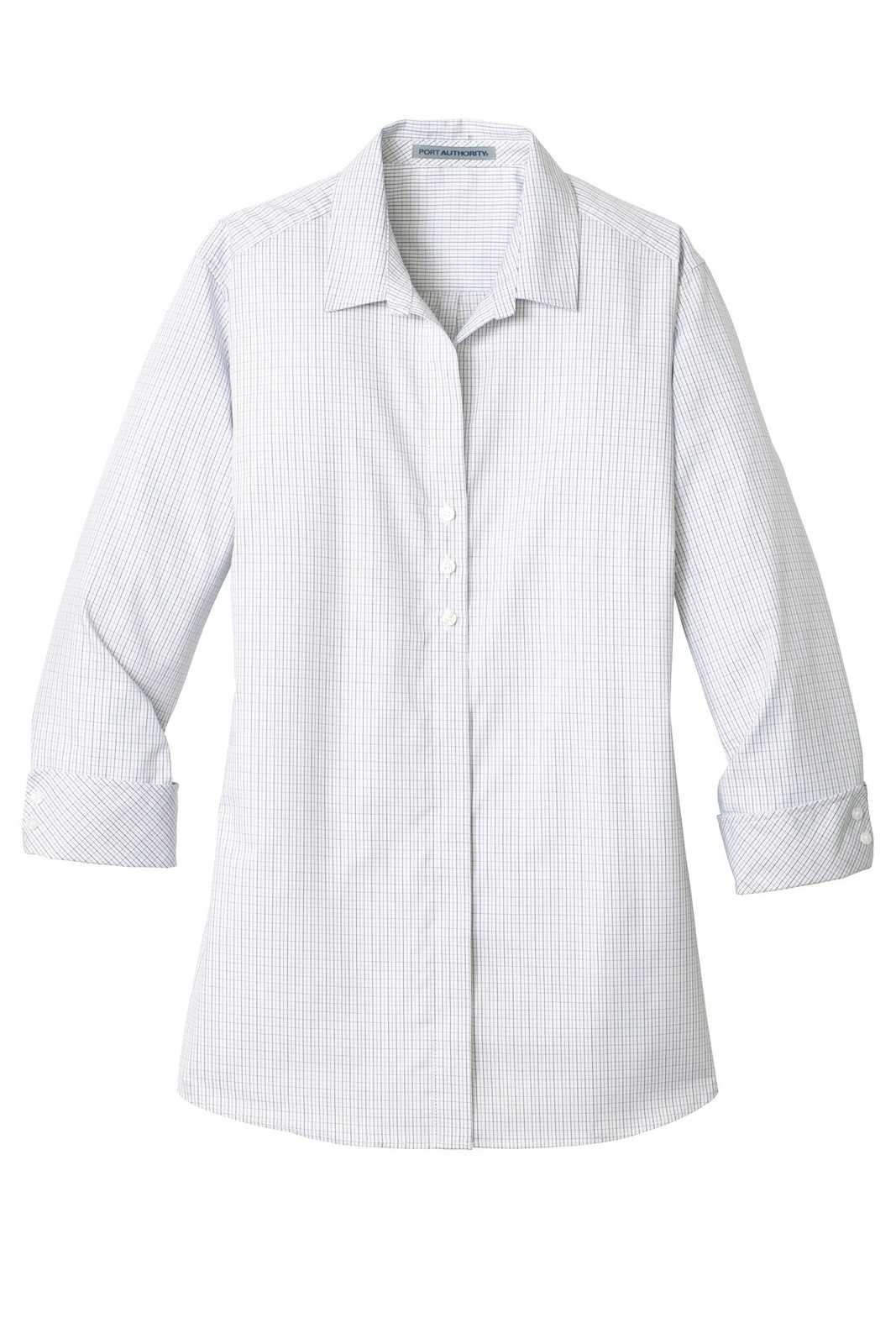 Port Authority LW643 Ladies 3/4-Sleeve Micro Tattersall Easy Care Shirt - White Dark Gray - HIT a Double - 5
