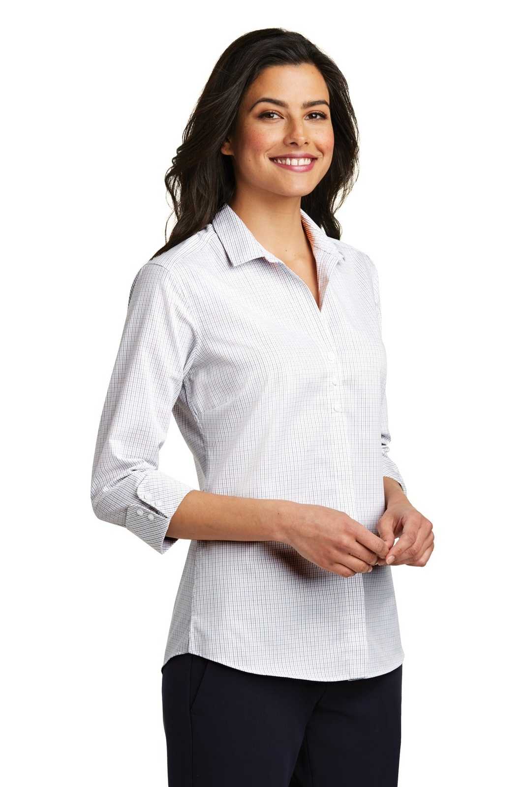 Port Authority LW643 Ladies 3/4-Sleeve Micro Tattersall Easy Care Shirt - White Dark Gray - HIT a Double - 4