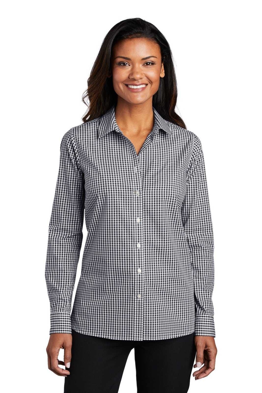 Port Authority LW644 Ladies Broadcloth Gingham Easy Care Shirt - Black White - HIT a Double - 1