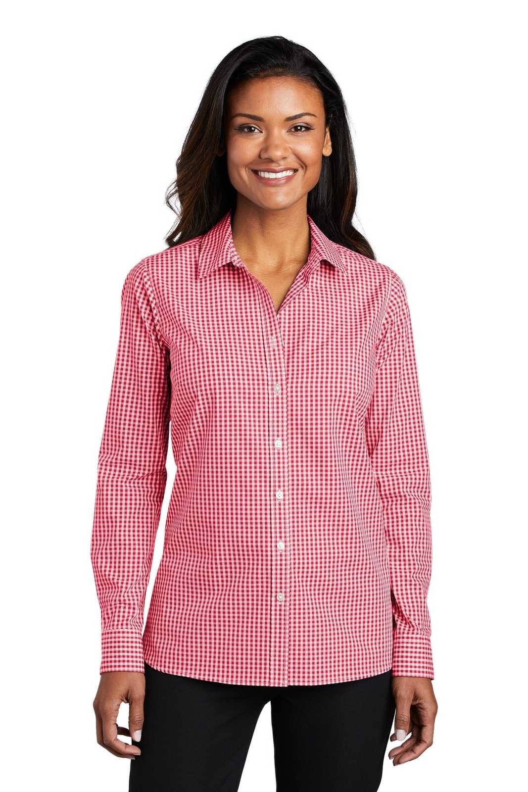 Port Authority LW644 Ladies Broadcloth Gingham Easy Care Shirt - Rich Red White - HIT a Double - 1