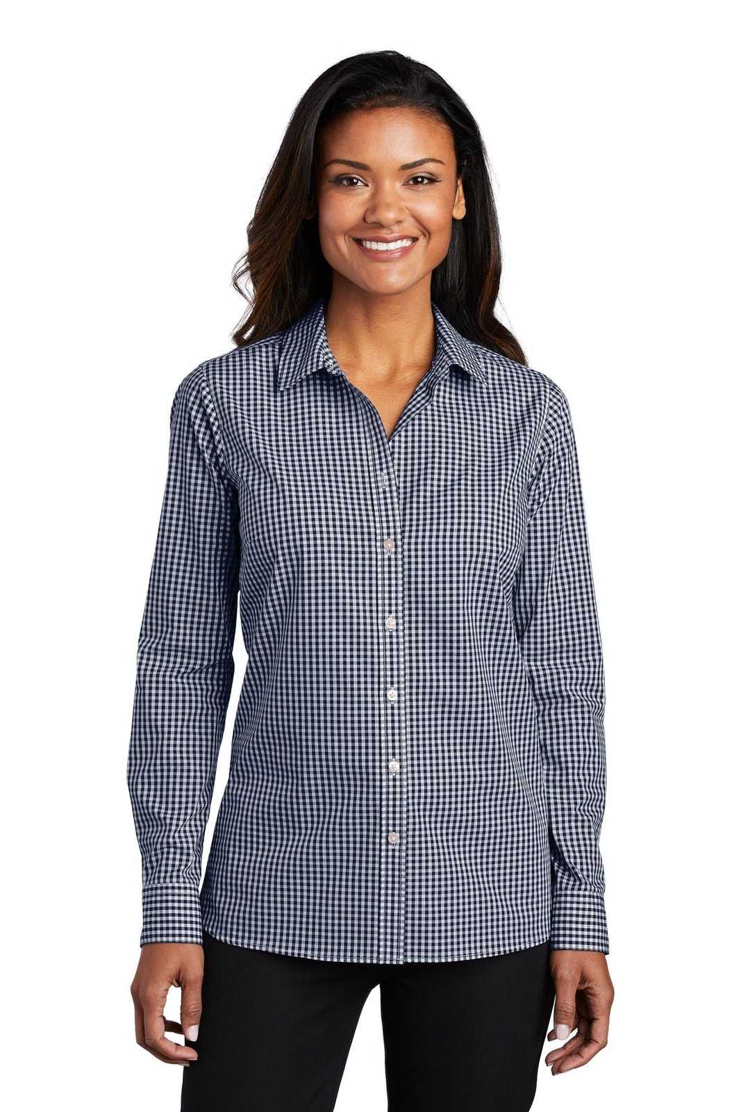 Port Authority LW644 Ladies Broadcloth Gingham Easy Care Shirt - True Navy White - HIT a Double - 1